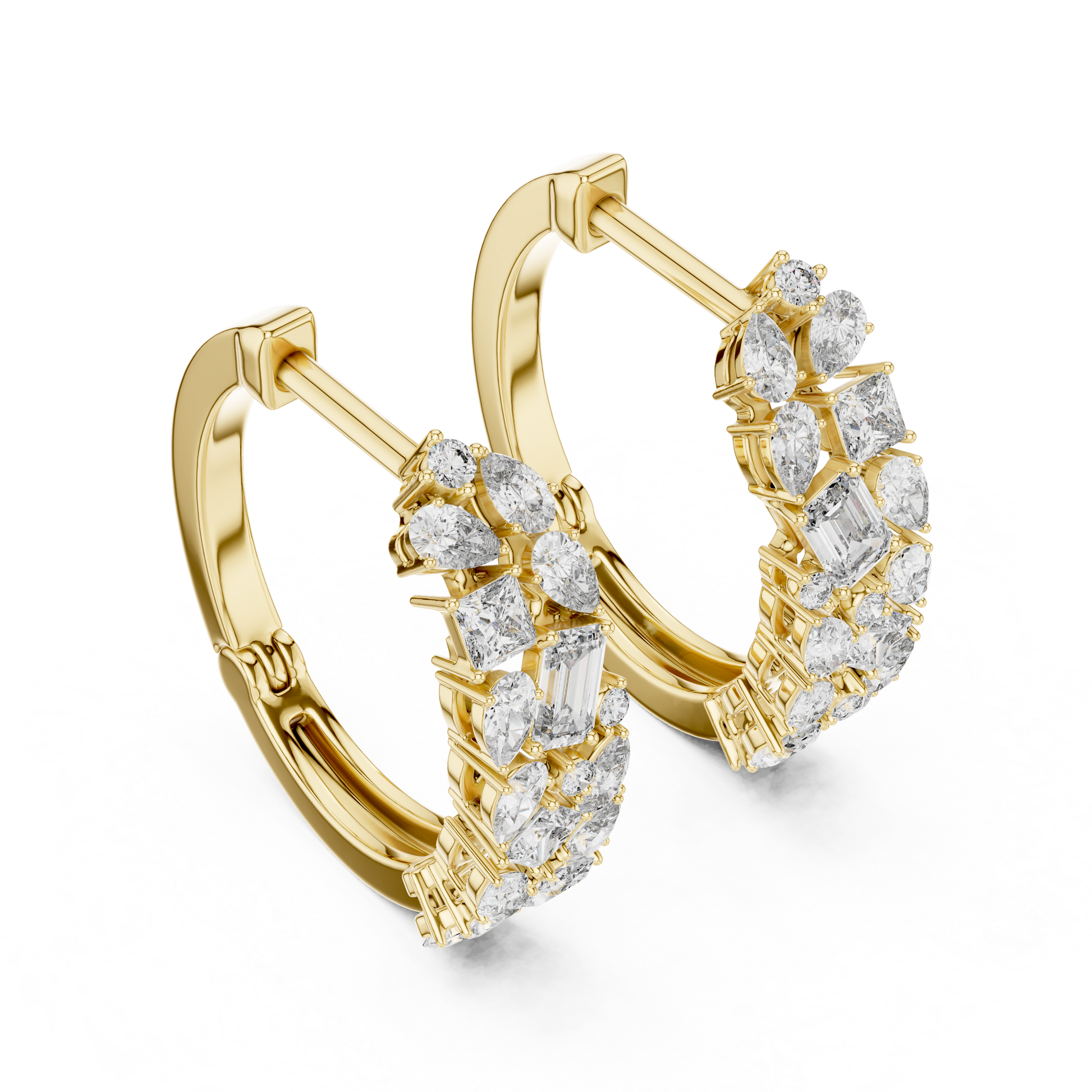 Gold hoop earrings with diamond accents on a white background