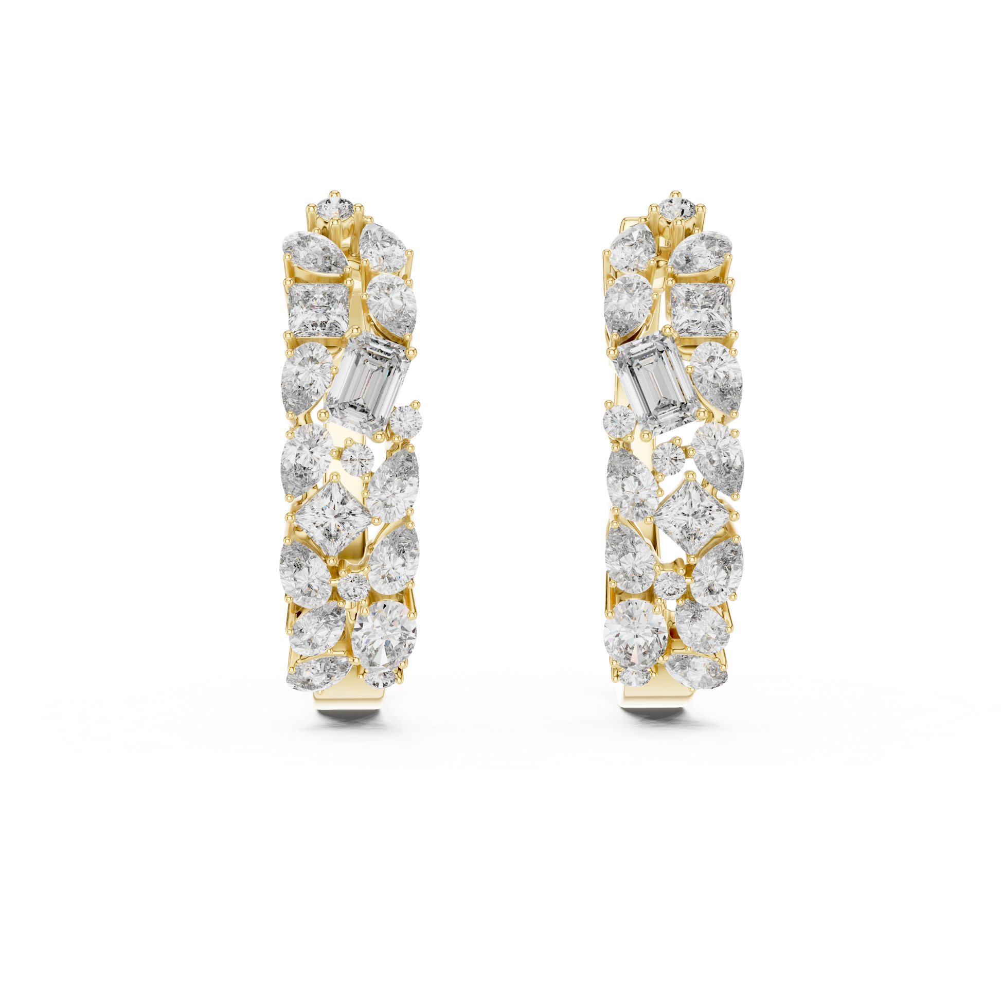 Pair of diamond earrings with gold and silver accents on a white background