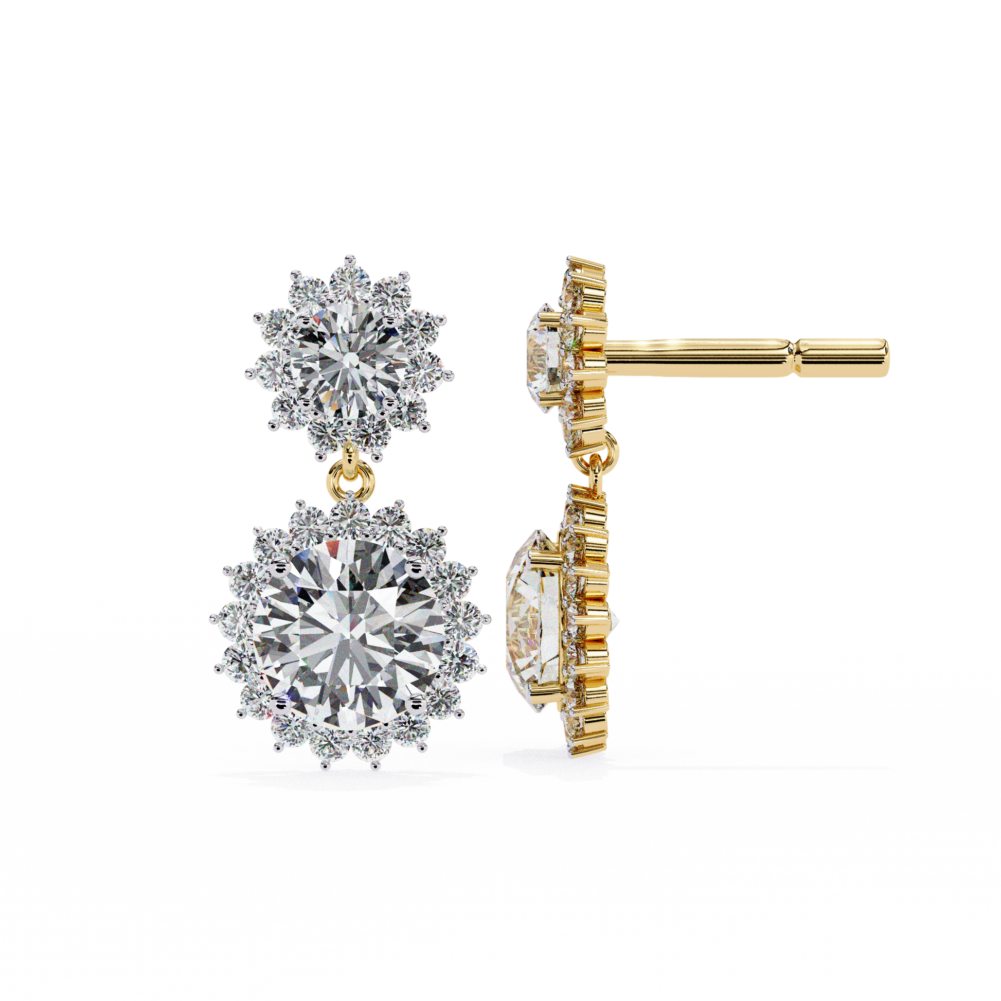 Gold and diamond earrings on a white background