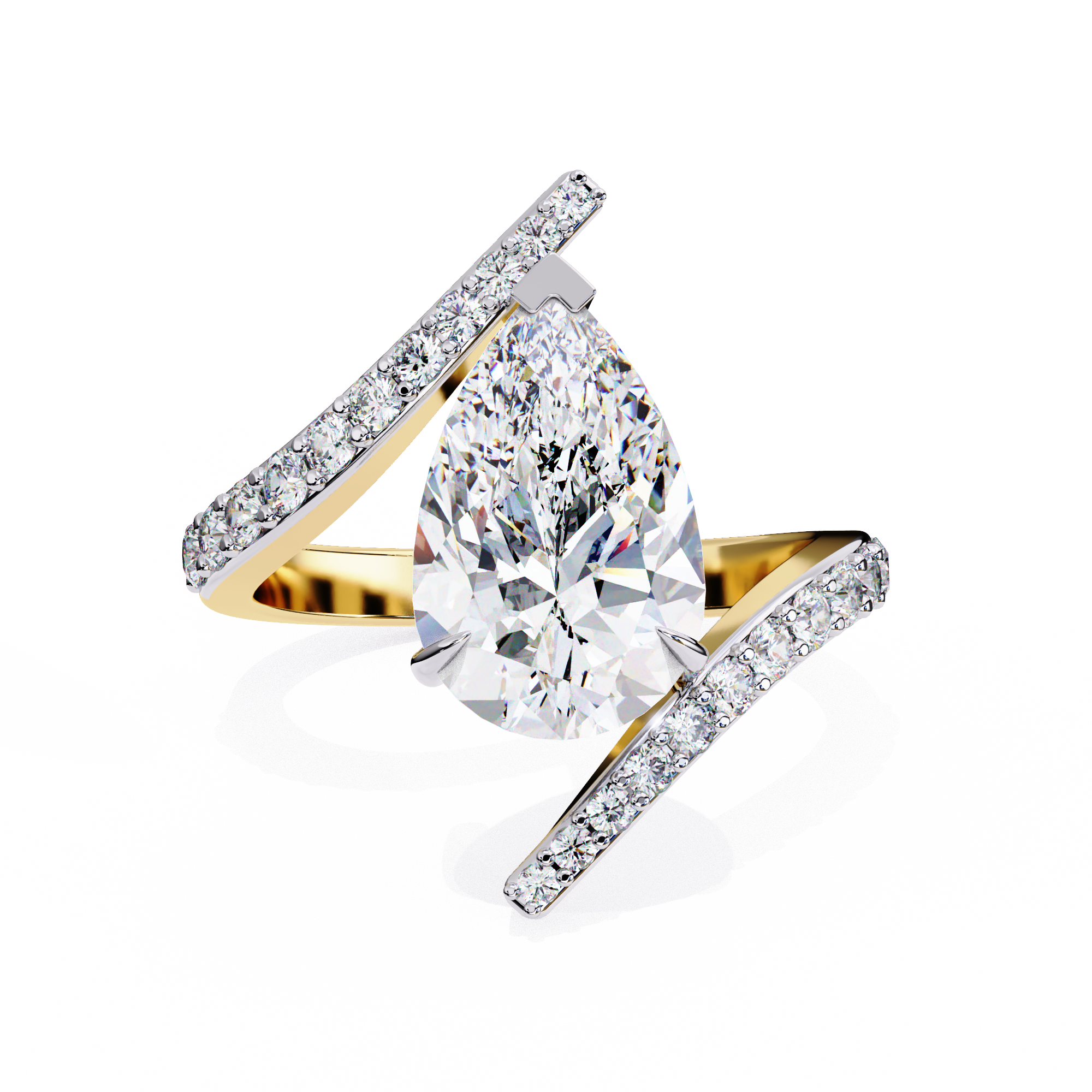 ring features a magnificent Pear diamond held within a sophisticated spiral-esque bypass band