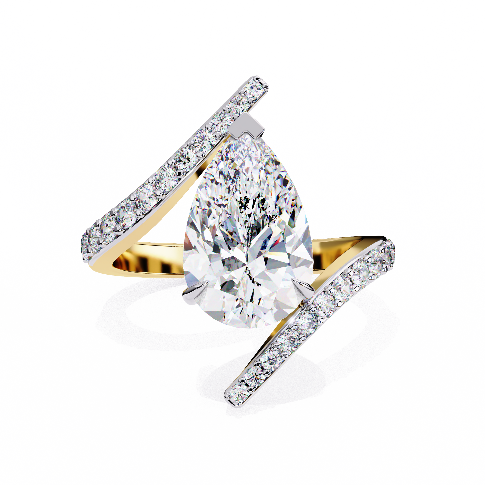 ring features a magnificent Pear diamond held within a sophisticated spiral-esque bypass band