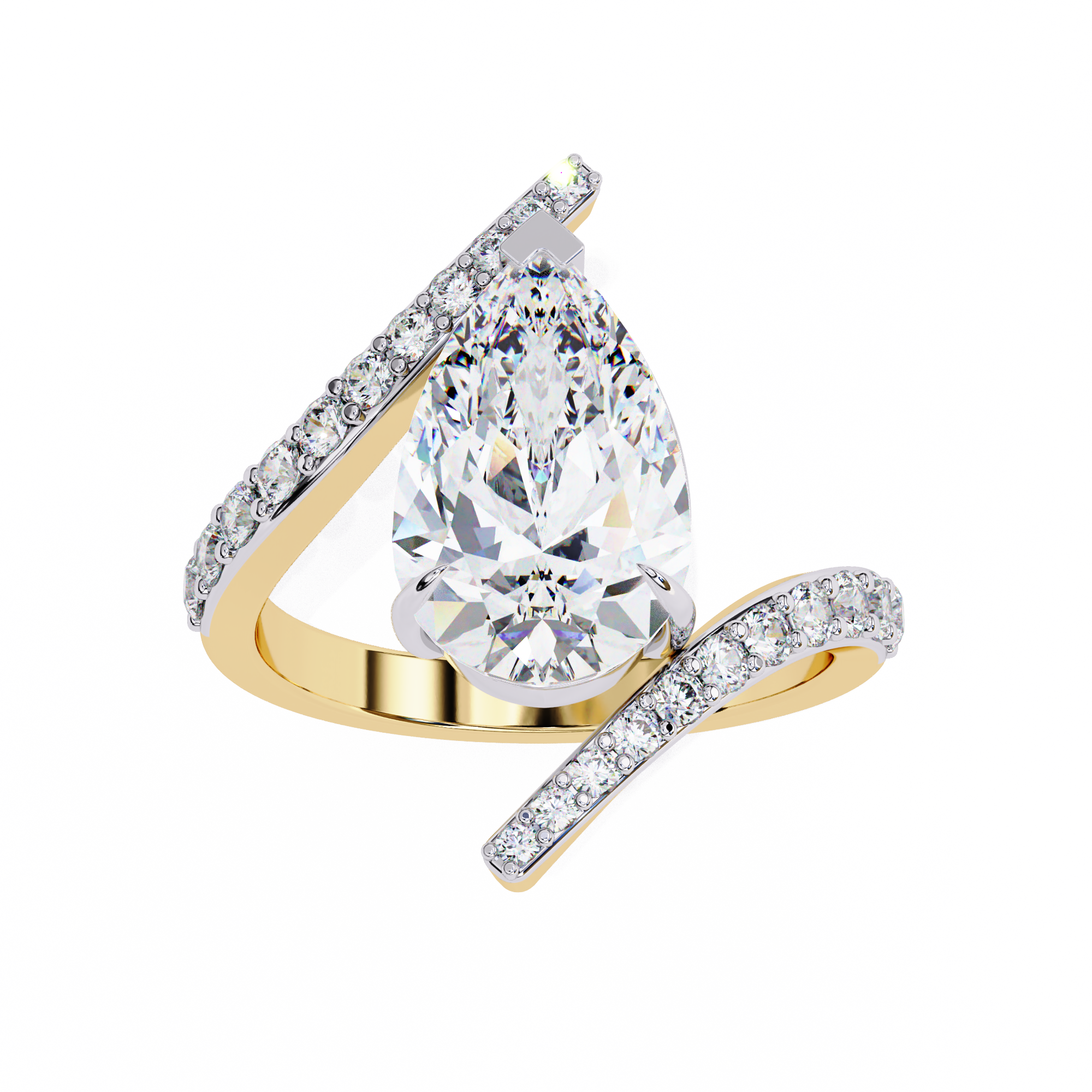 ring features a magnificent Pear diamond held within a sophisticated spiral-esque bypass band