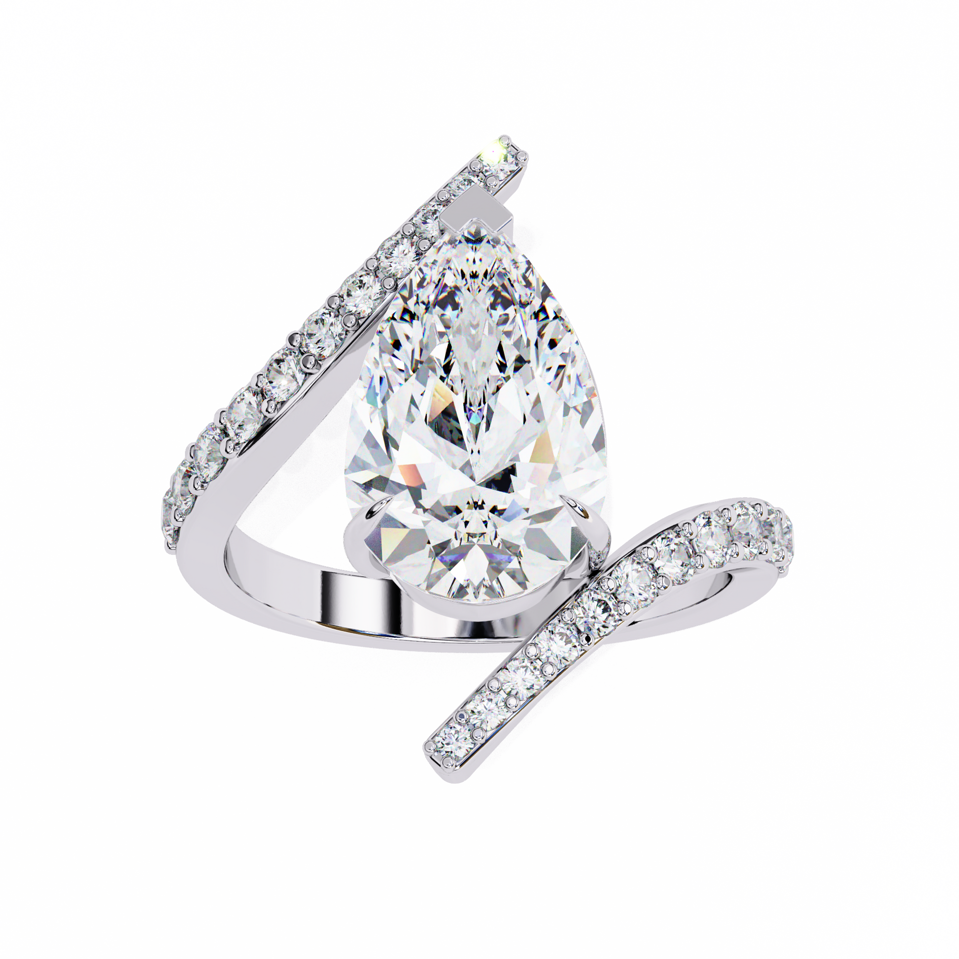 ring features a magnificent Pear diamond held within a sophisticated spiral-esque bypass band