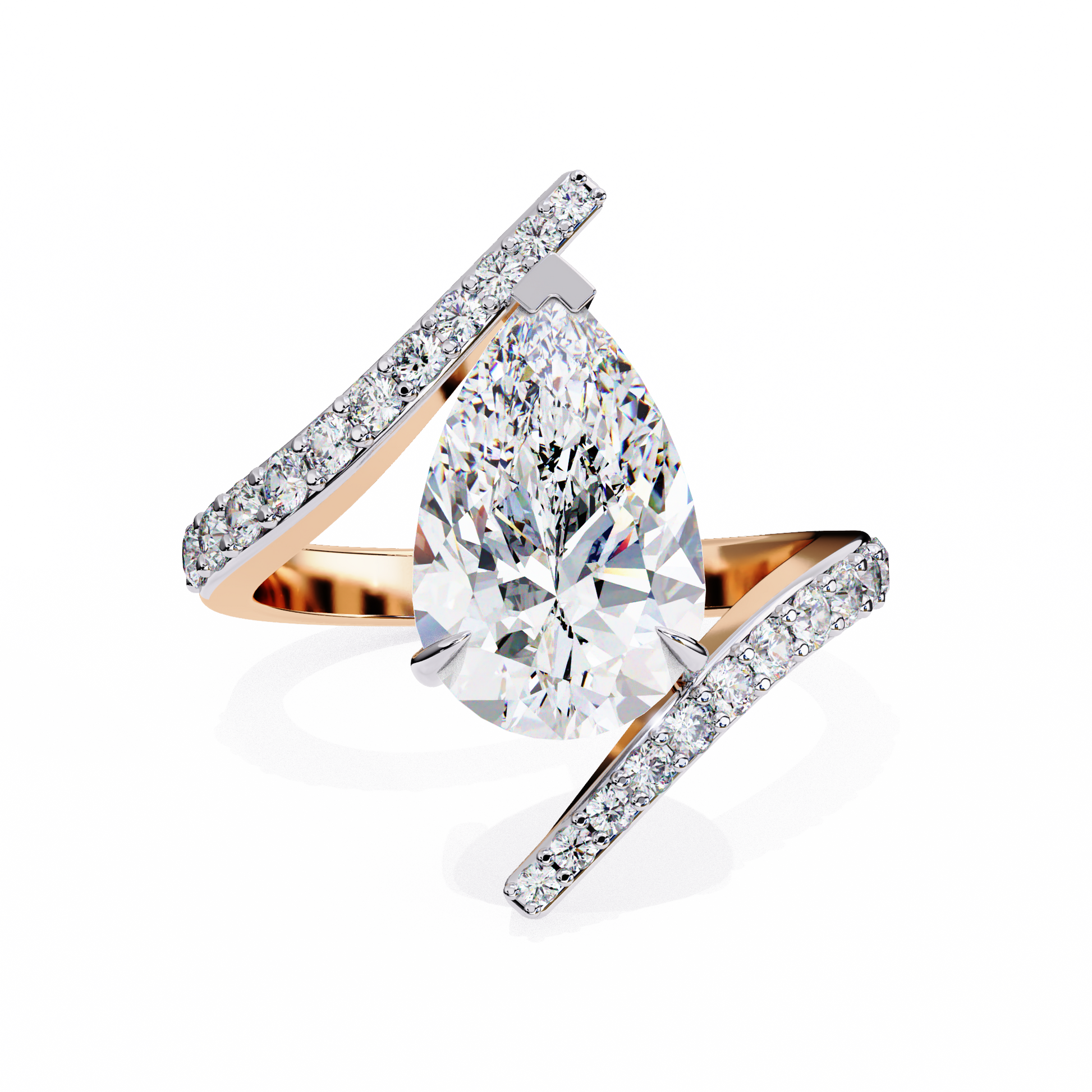 ring features a magnificent Pear diamond held within a sophisticated spiral-esque bypass band