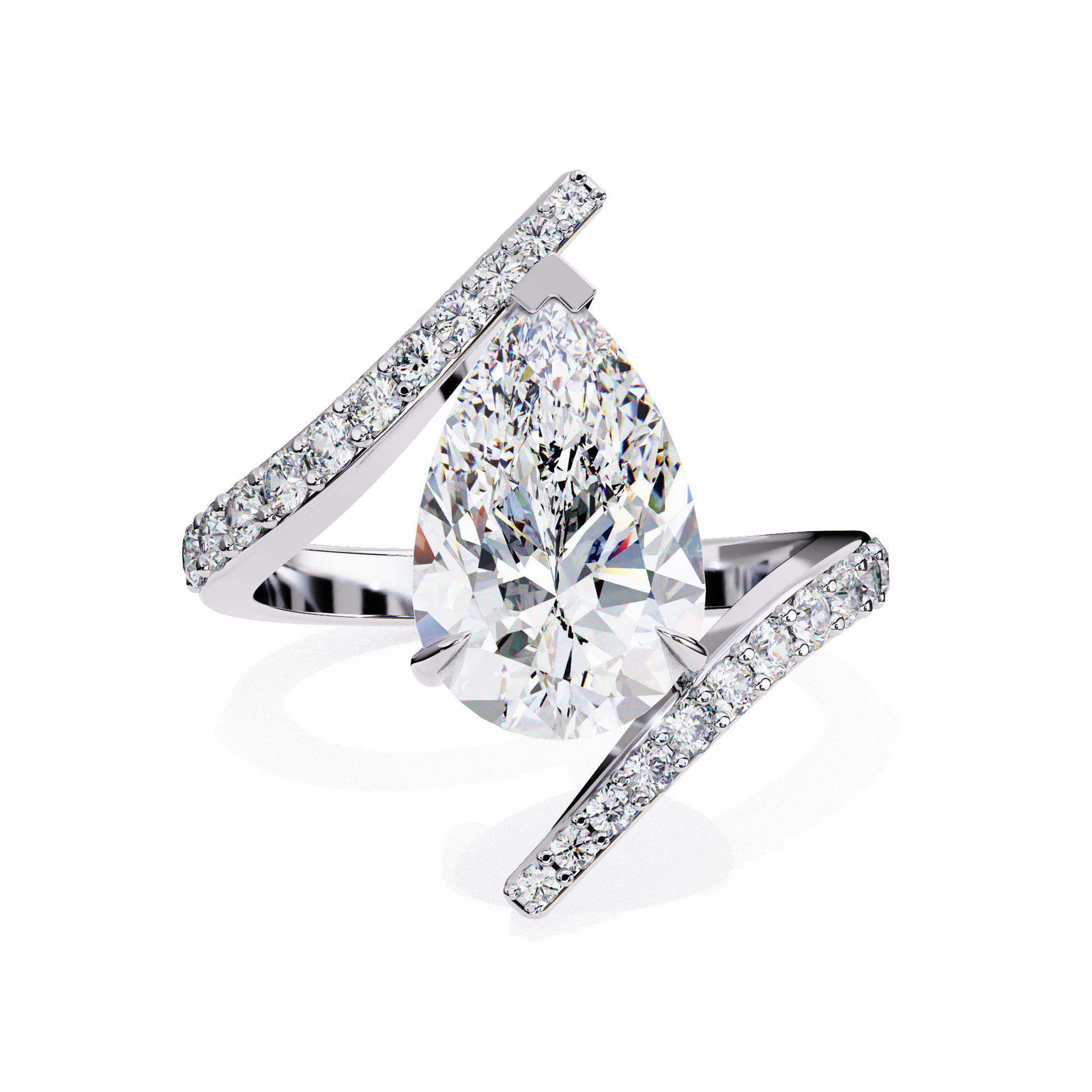 ring features a magnificent Pear diamond held within a sophisticated spiral-esque bypass band
