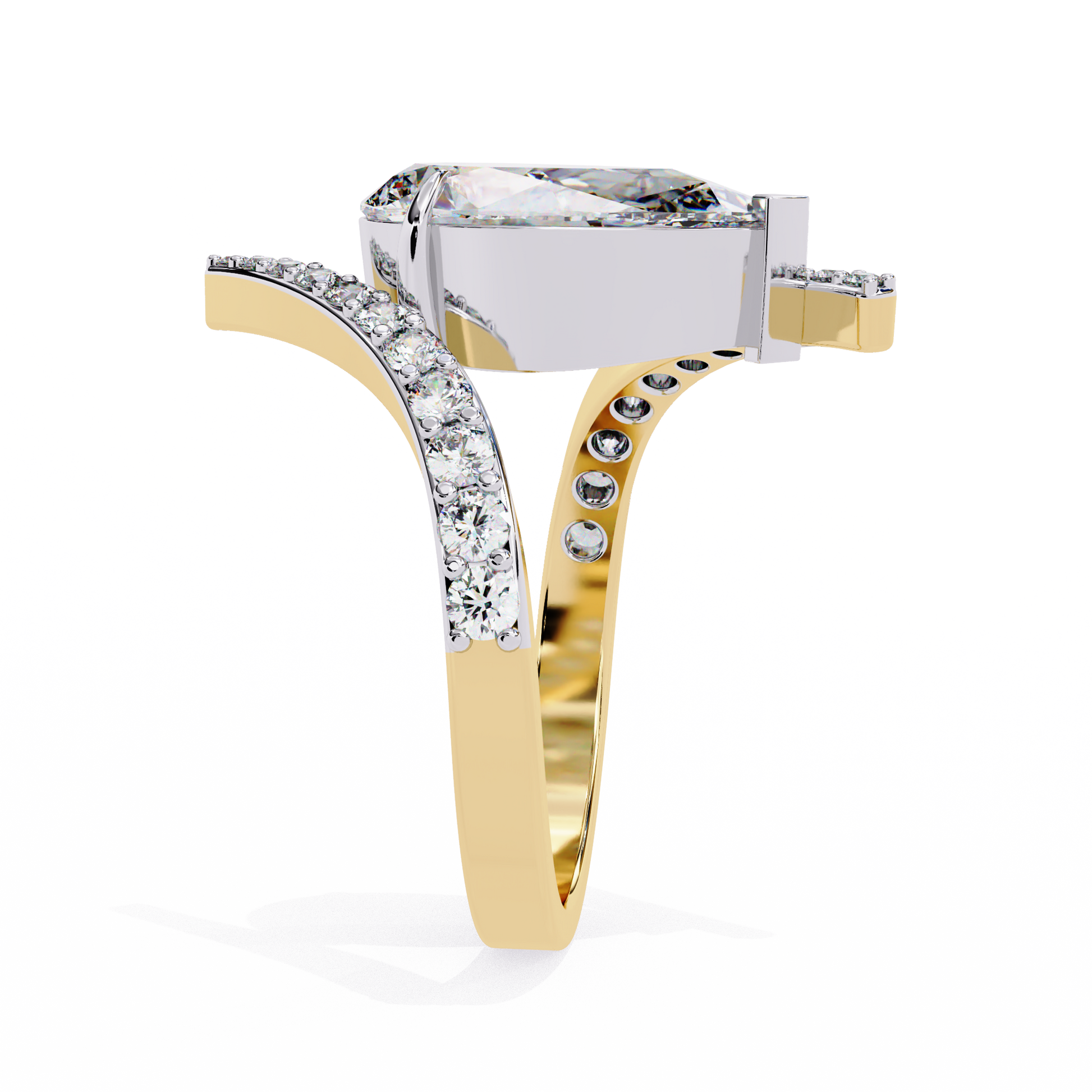 ring features a magnificent Pear diamond held within a sophisticated spiral-esque bypass band
