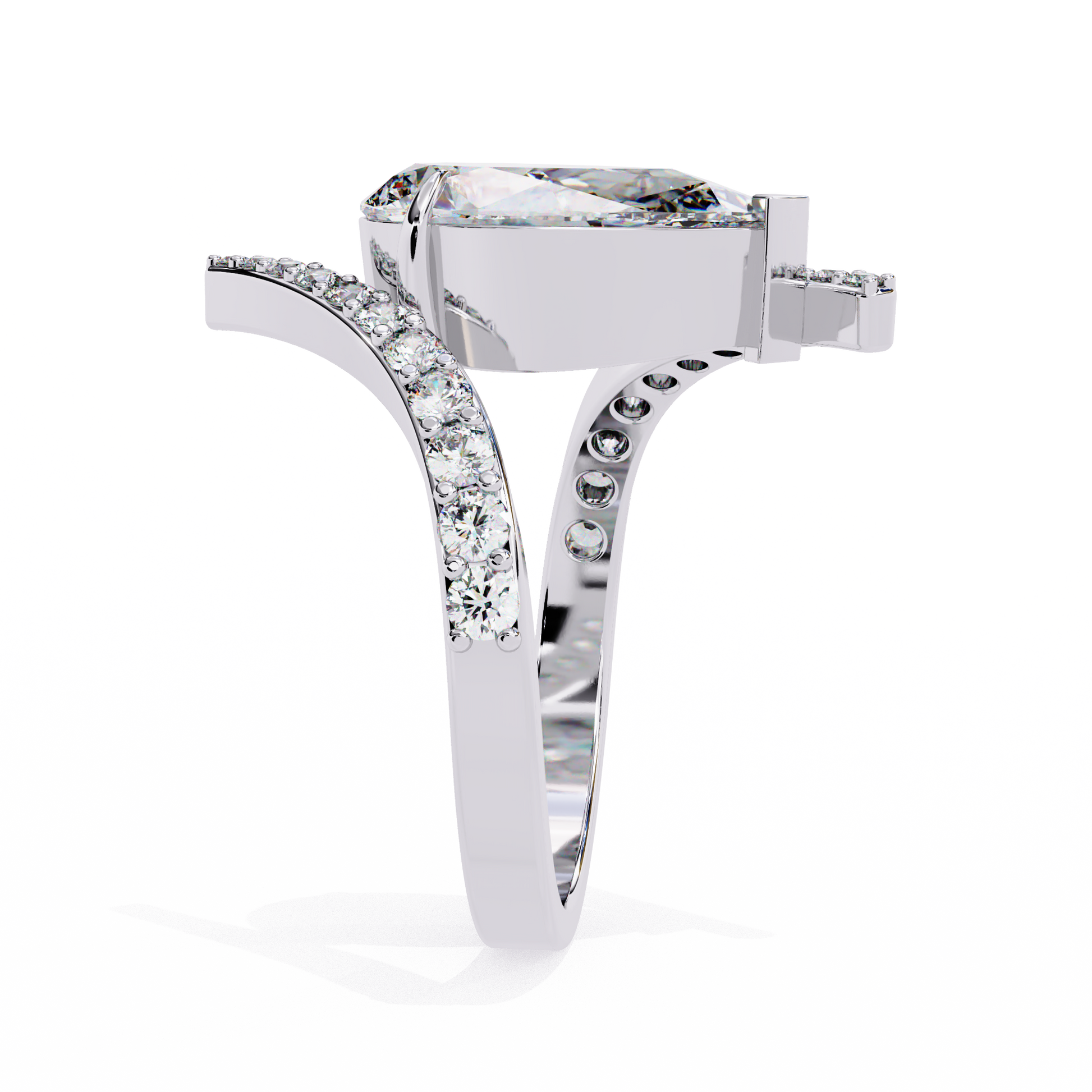 ring features a magnificent Pear diamond held within a sophisticated spiral-esque bypass band
