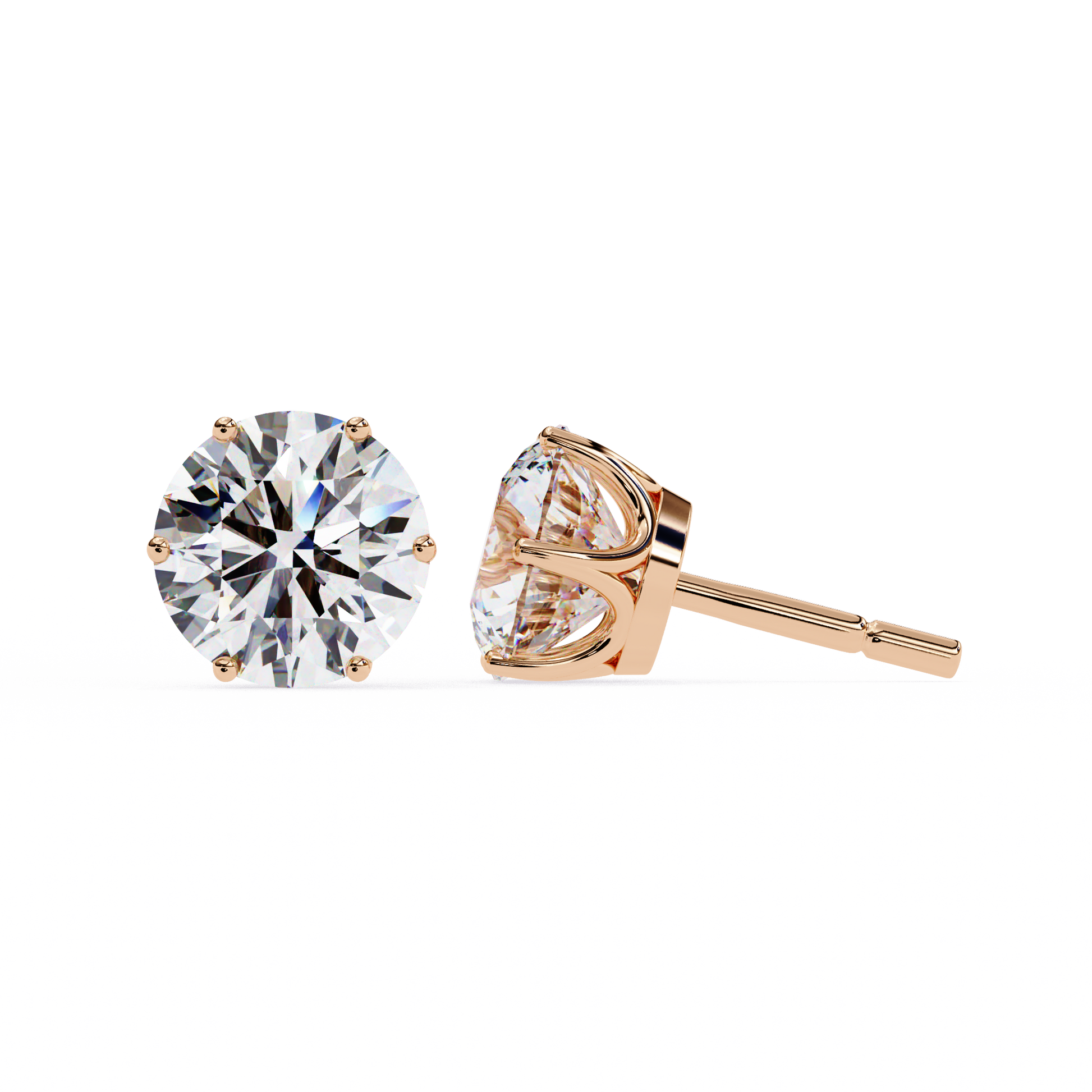 Rose gold stud earrings with clear diamonds on a white background