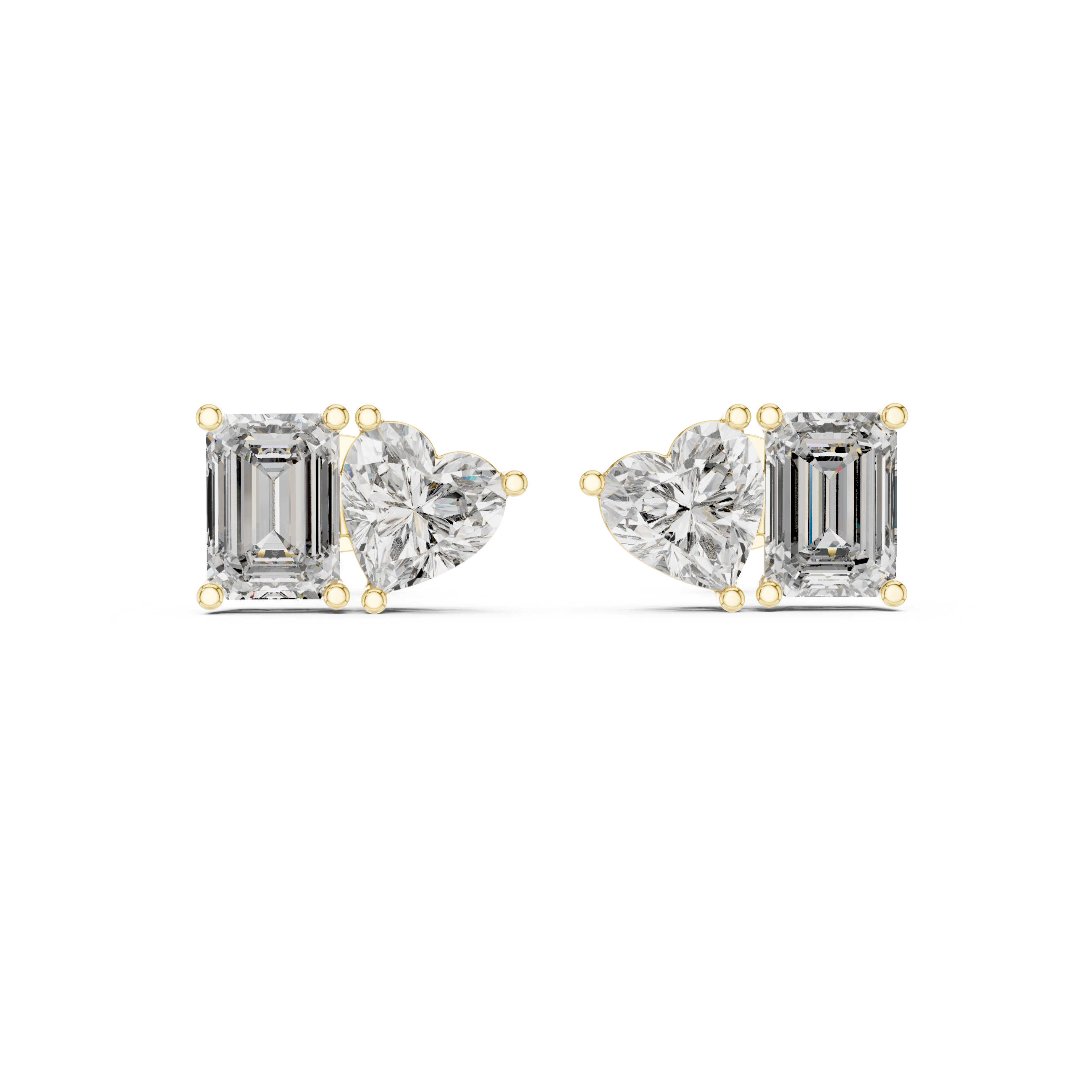 Diamond earrings with emerald-cut and heart-shaped stones on a white background