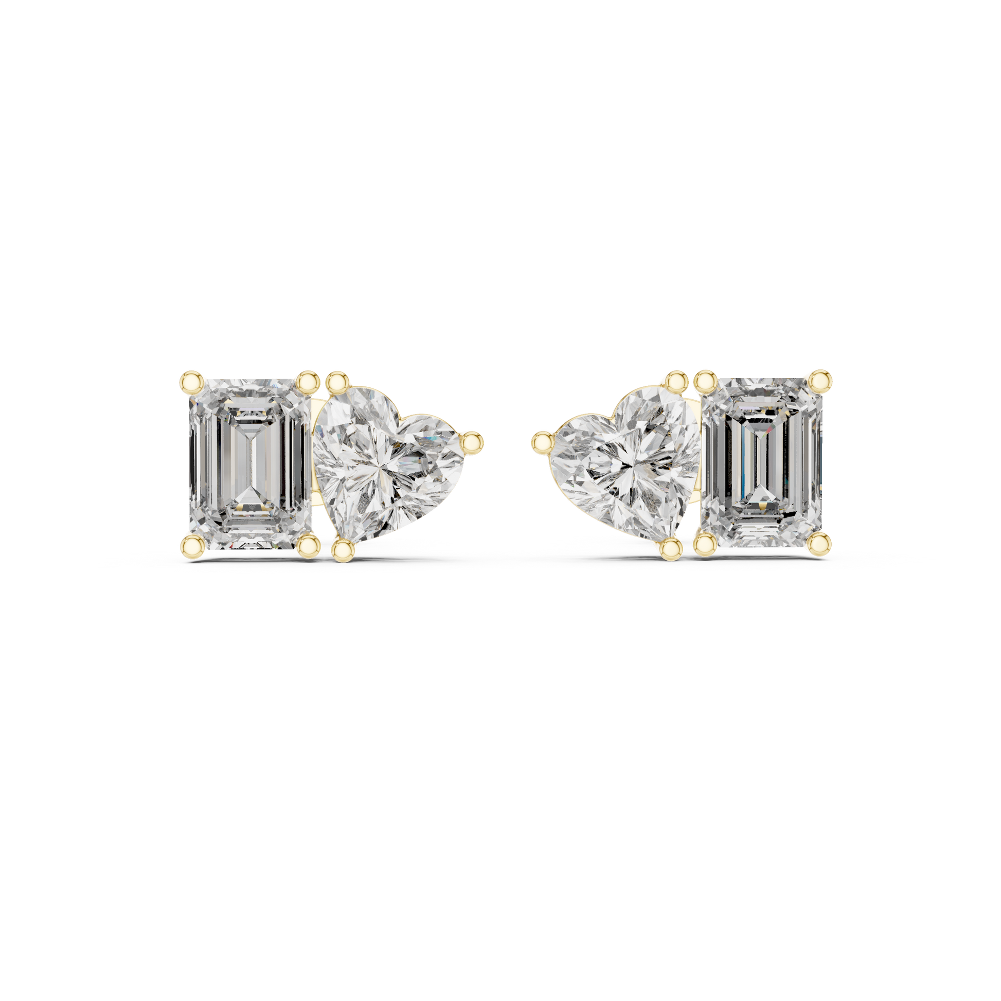 Diamond earrings with emerald-cut and heart-shaped stones on a white background