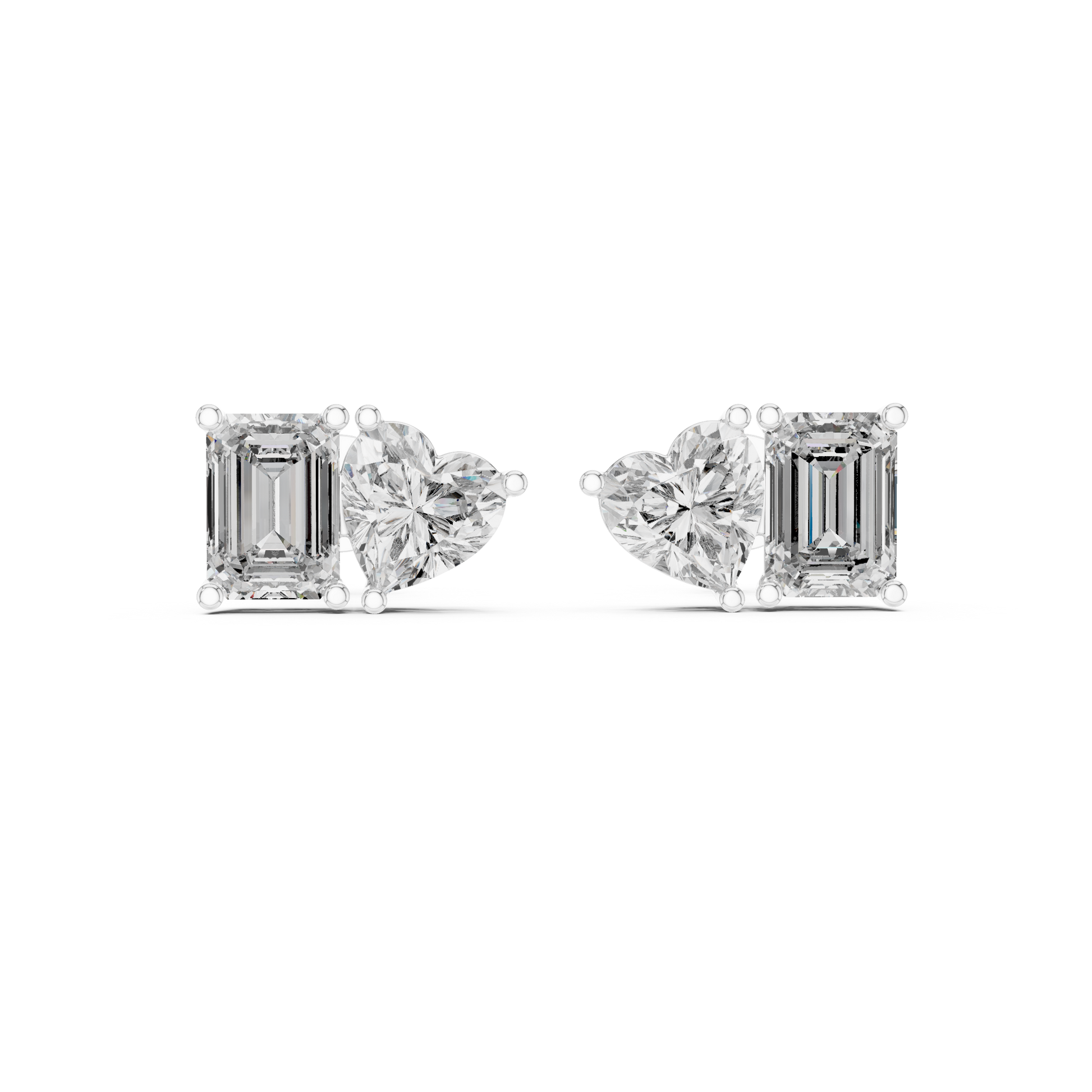 Diamond earrings with emerald-cut and heart-shaped stones on a white background