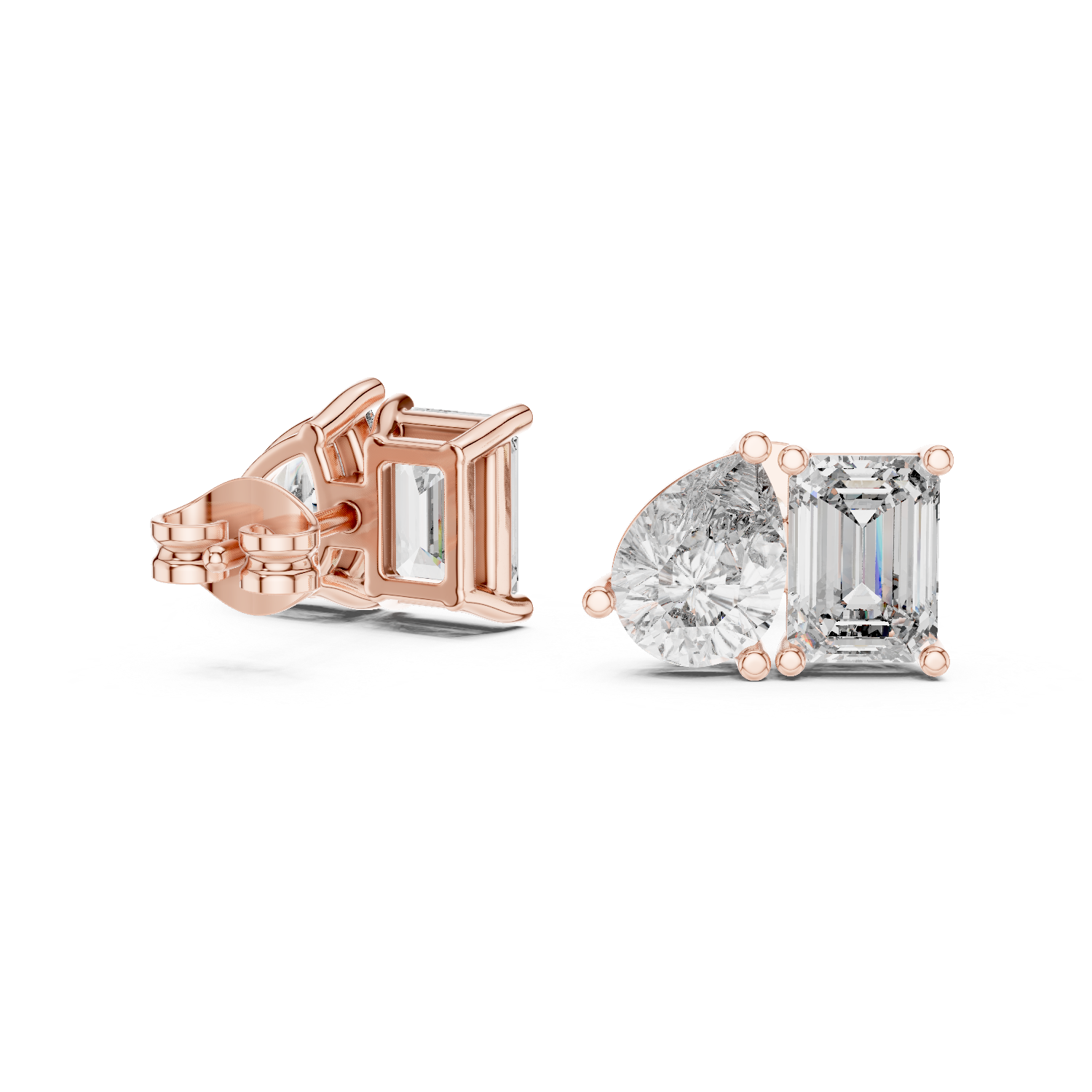 Rose gold diamond earrings on a white background