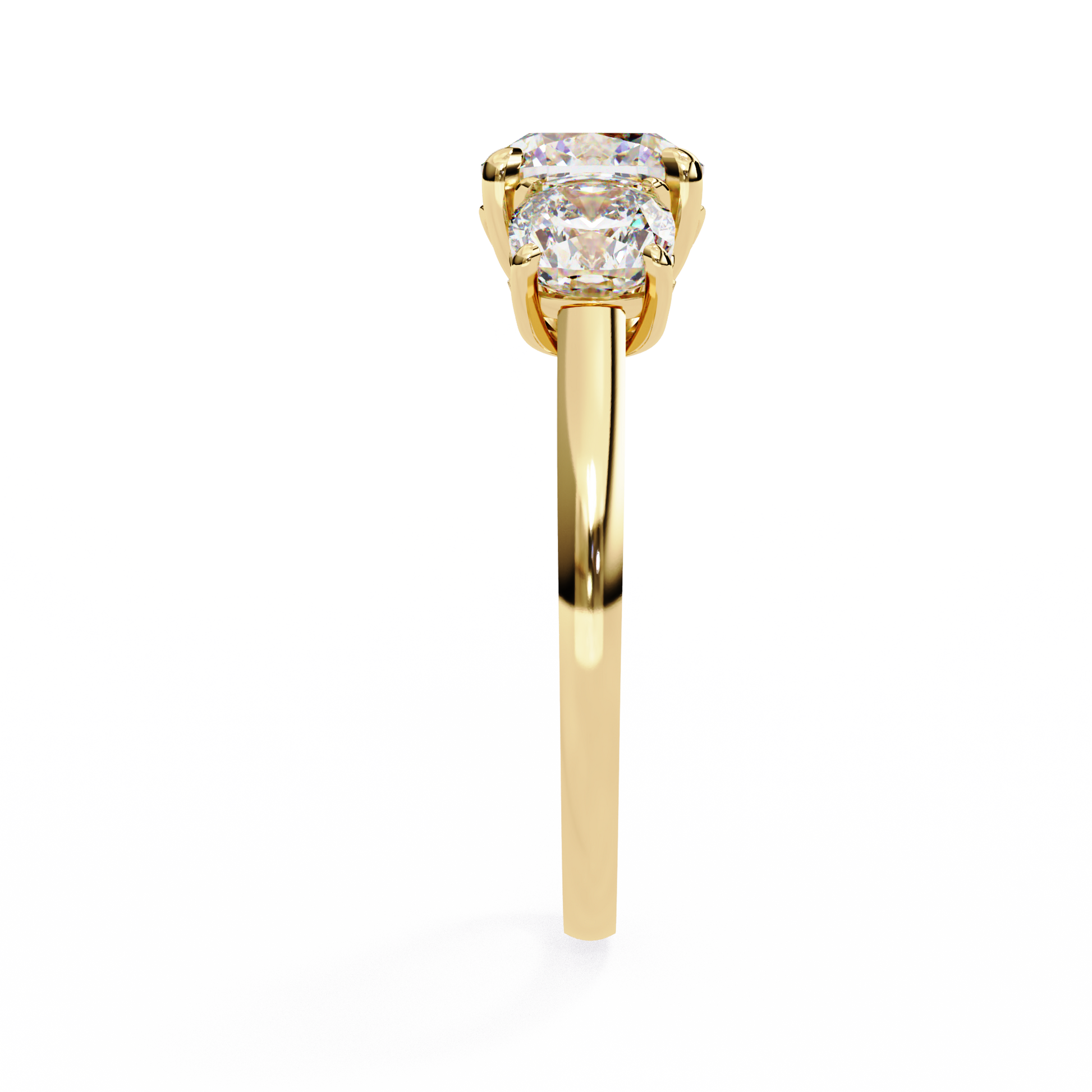 Cushion-cut solitaire flanked by two perfectly matched cushion-cut side stones