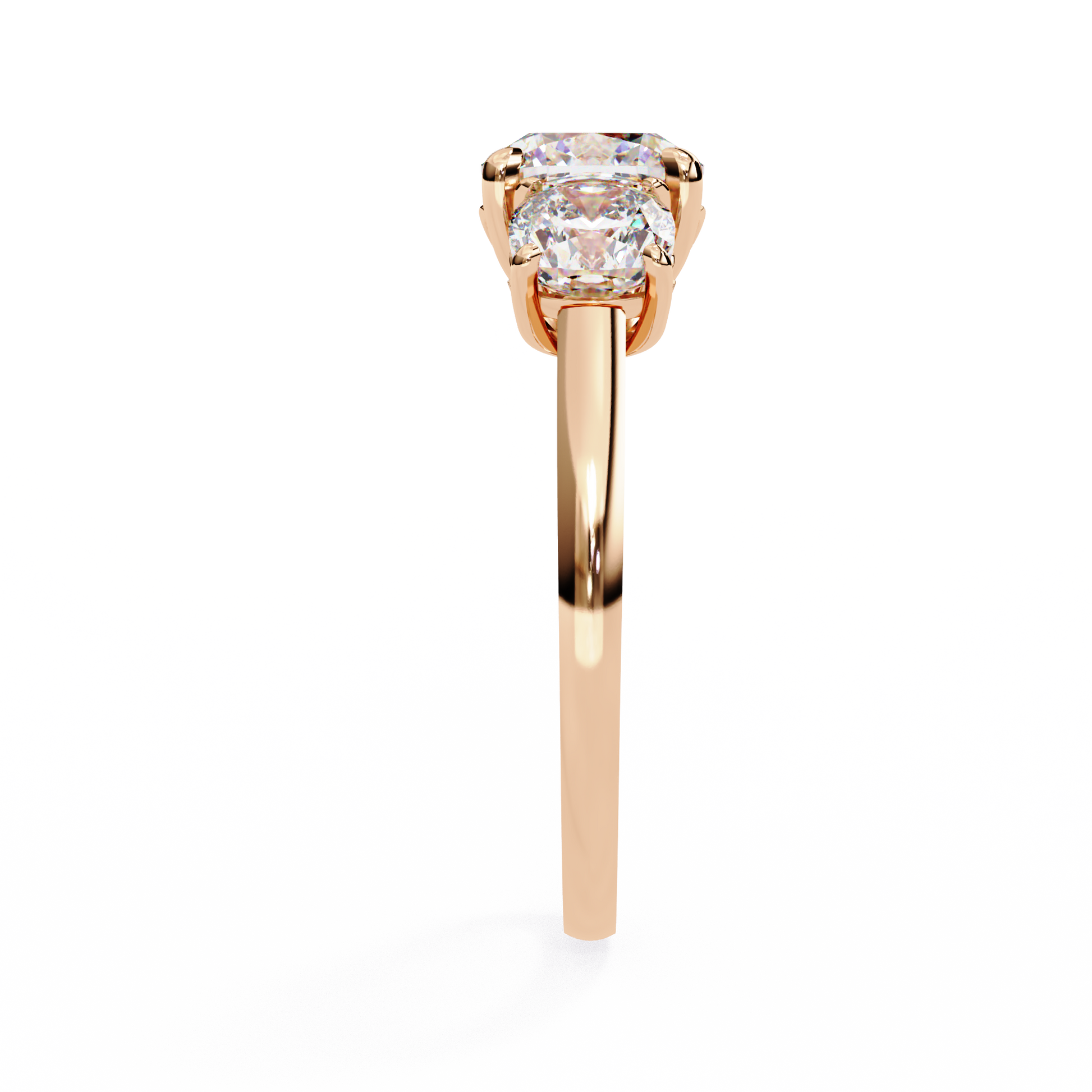 Cushion-cut solitaire flanked by two perfectly matched cushion-cut side stones