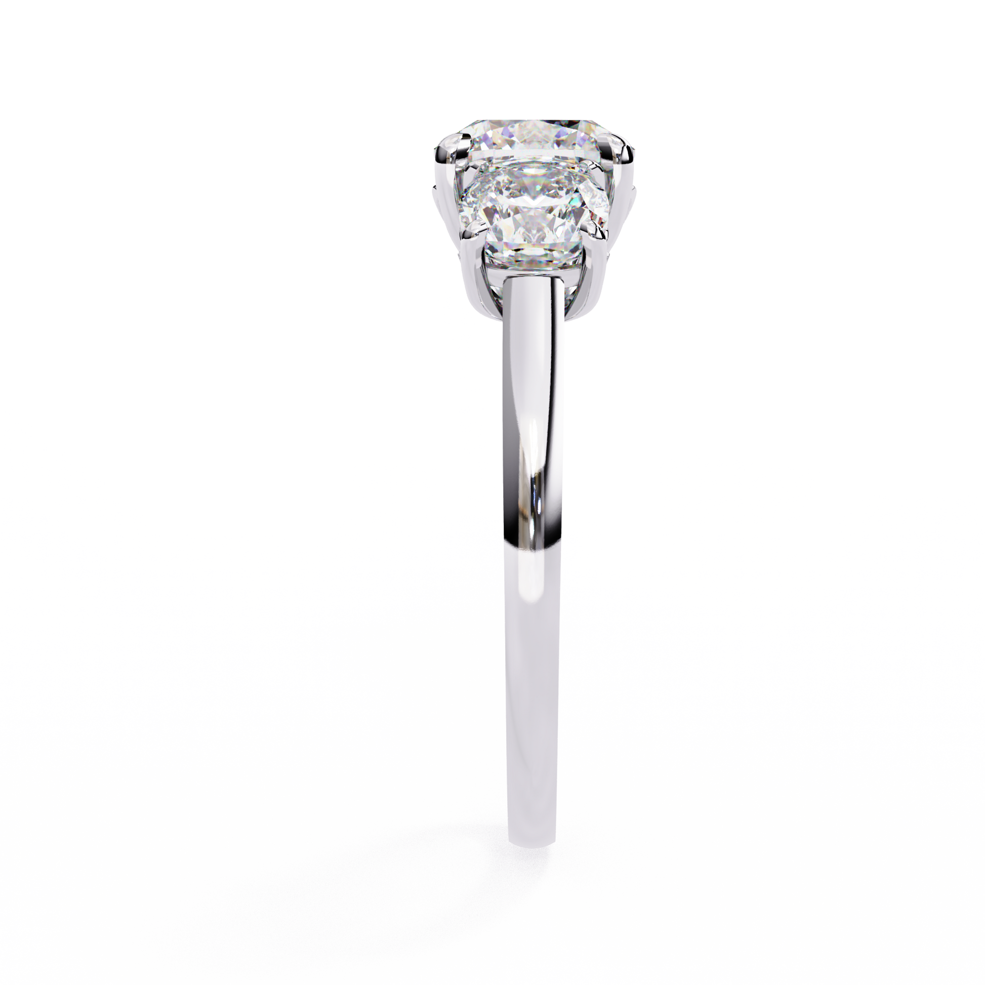 Cushion-cut solitaire flanked by two perfectly matched cushion-cut side stones