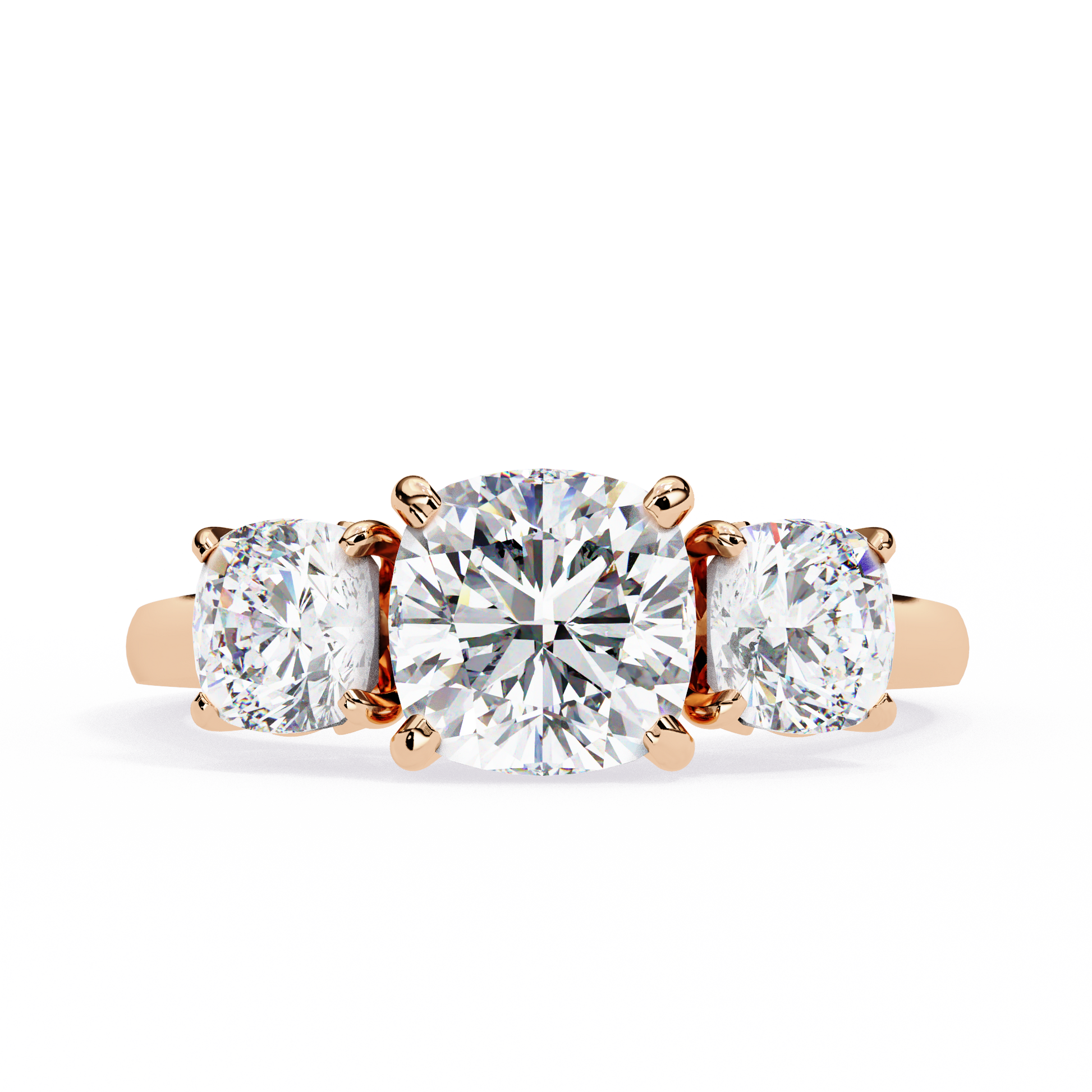 Cushion-cut solitaire flanked by two perfectly matched cushion-cut side stones