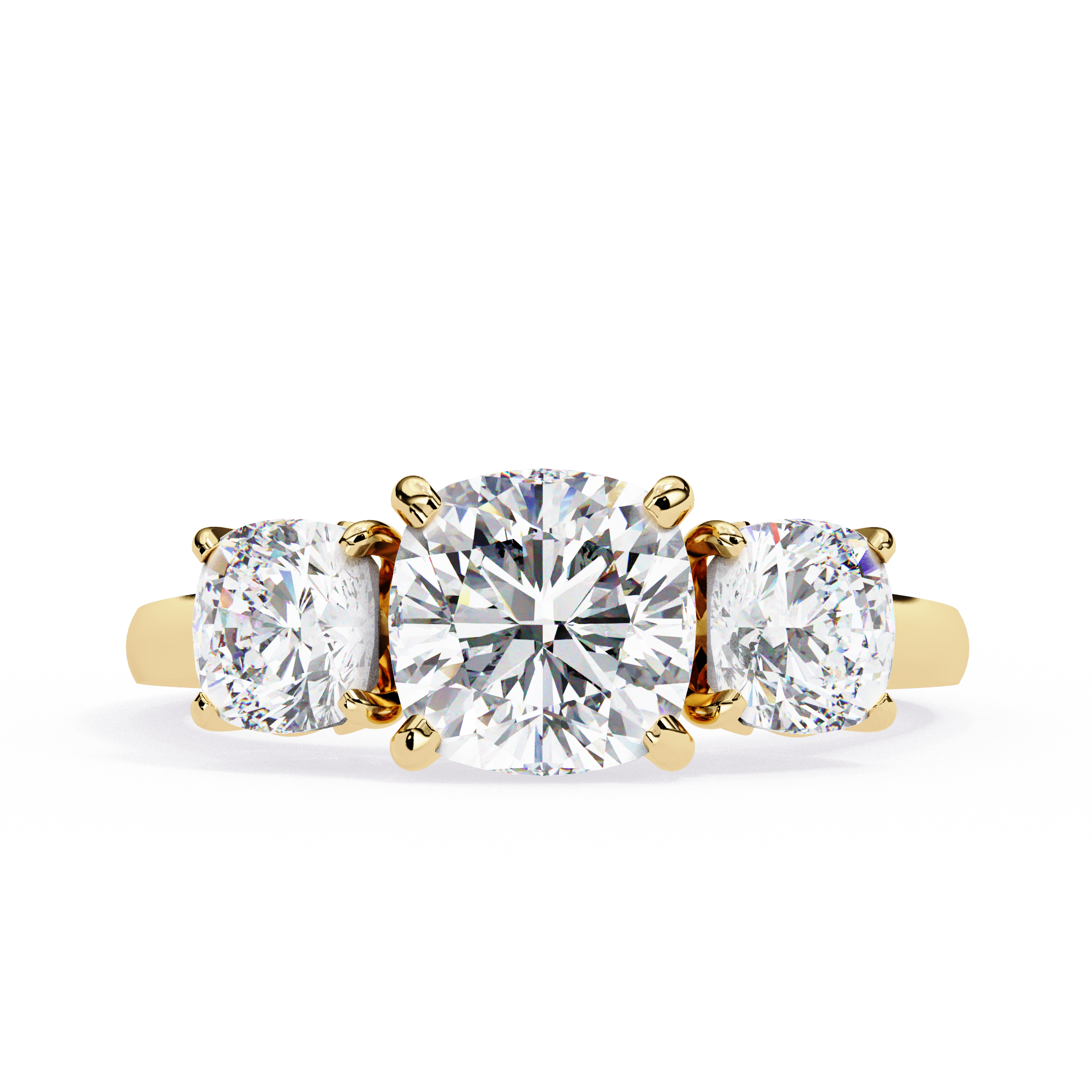 Three-stone diamond ring with gold setting on a white background. Cushion-cut solitaire flanked by two perfectly matched cushion-cut side stones.