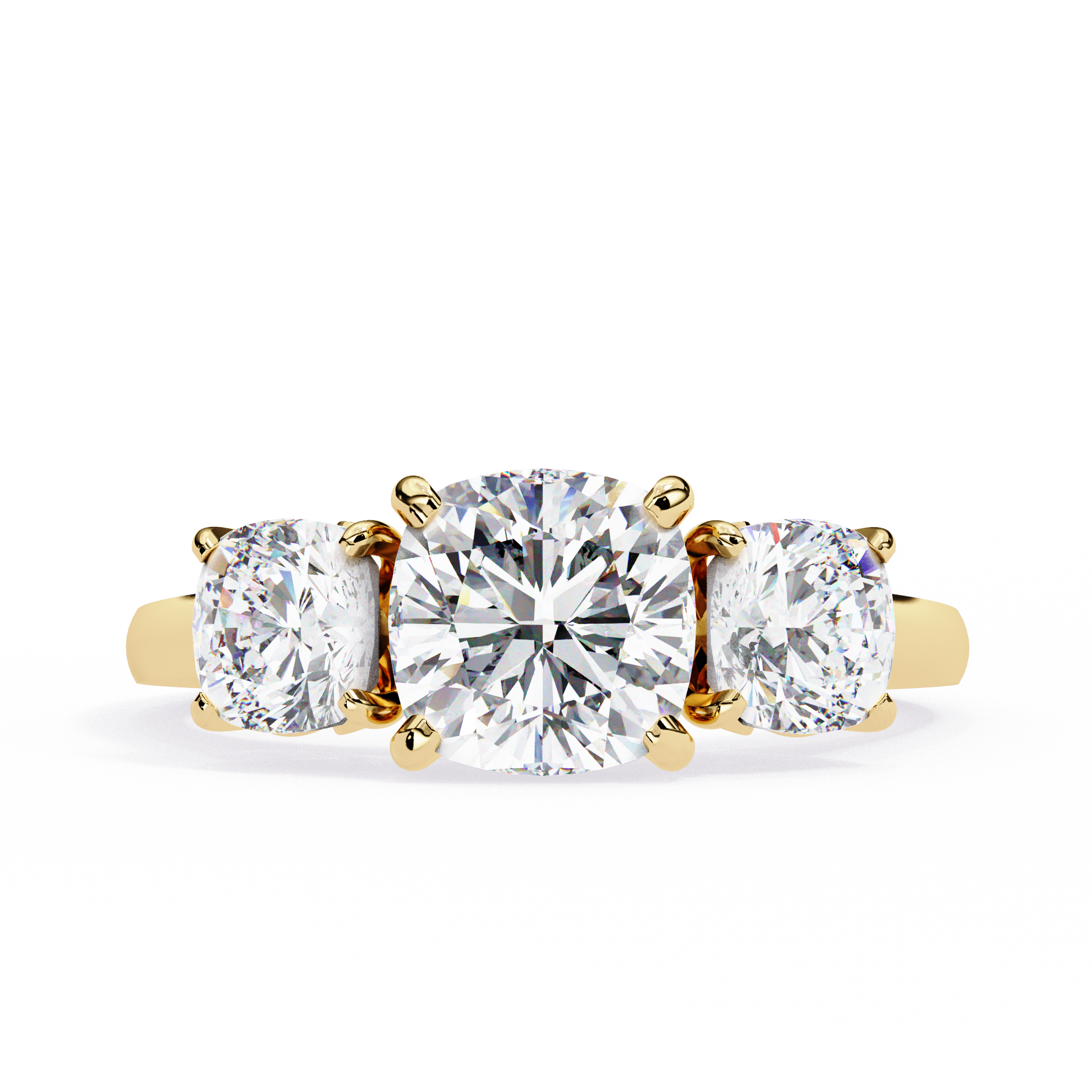 Three-stone diamond ring with gold setting on a white background. Cushion-cut solitaire flanked by two perfectly matched cushion-cut side stones.