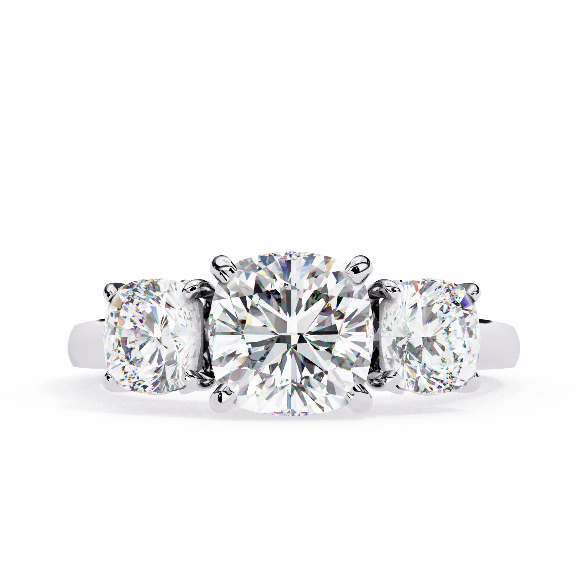 Cushion-cut solitaire flanked by two perfectly matched cushion-cut side stones