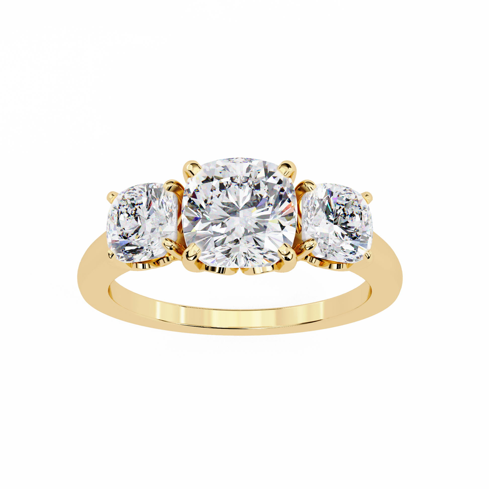 Cushion-cut solitaire flanked by two perfectly matched cushion-cut side stones
