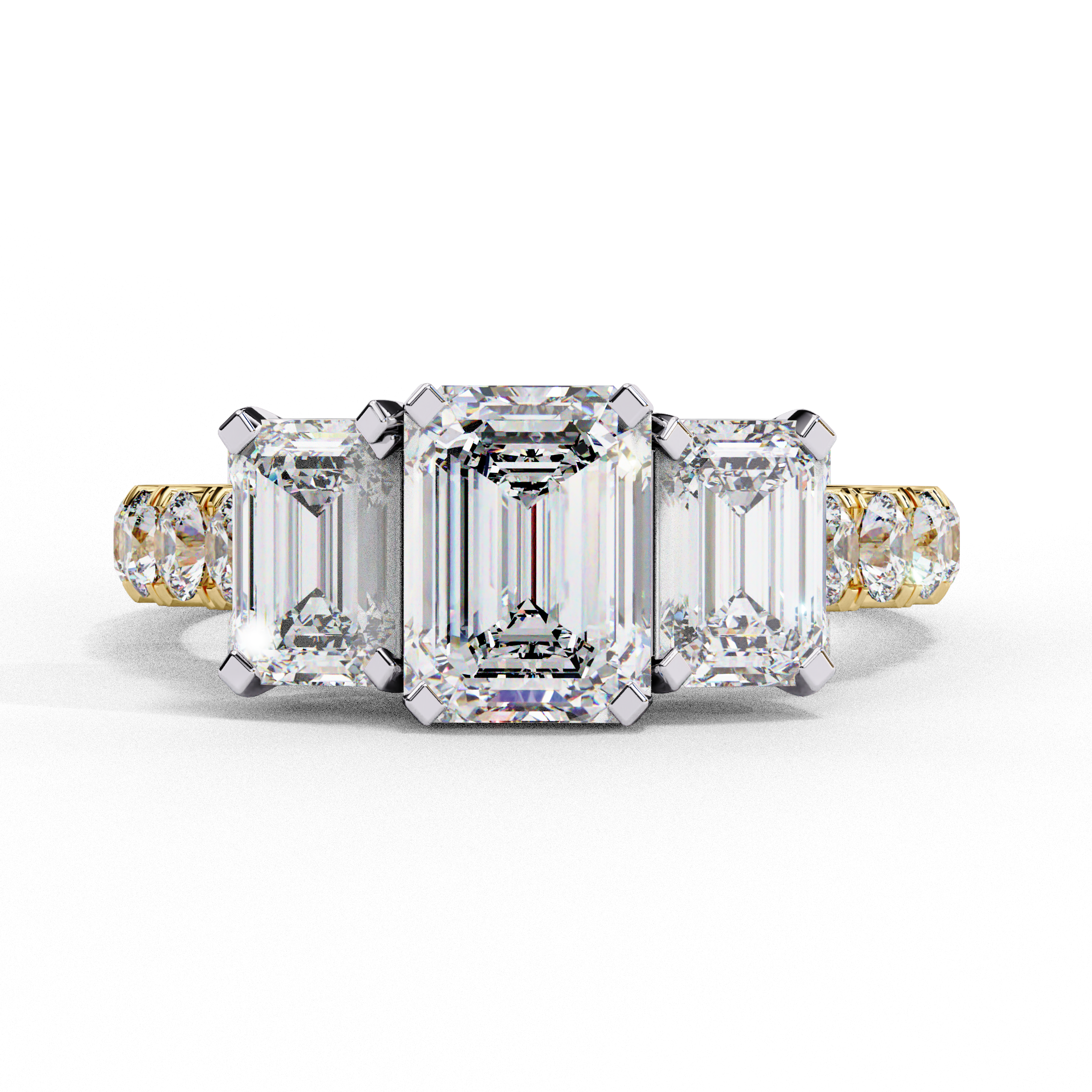 ring showcases a substantial Emerald-cut solitaire flanked by two perfectly matched emerald-cut side stones
