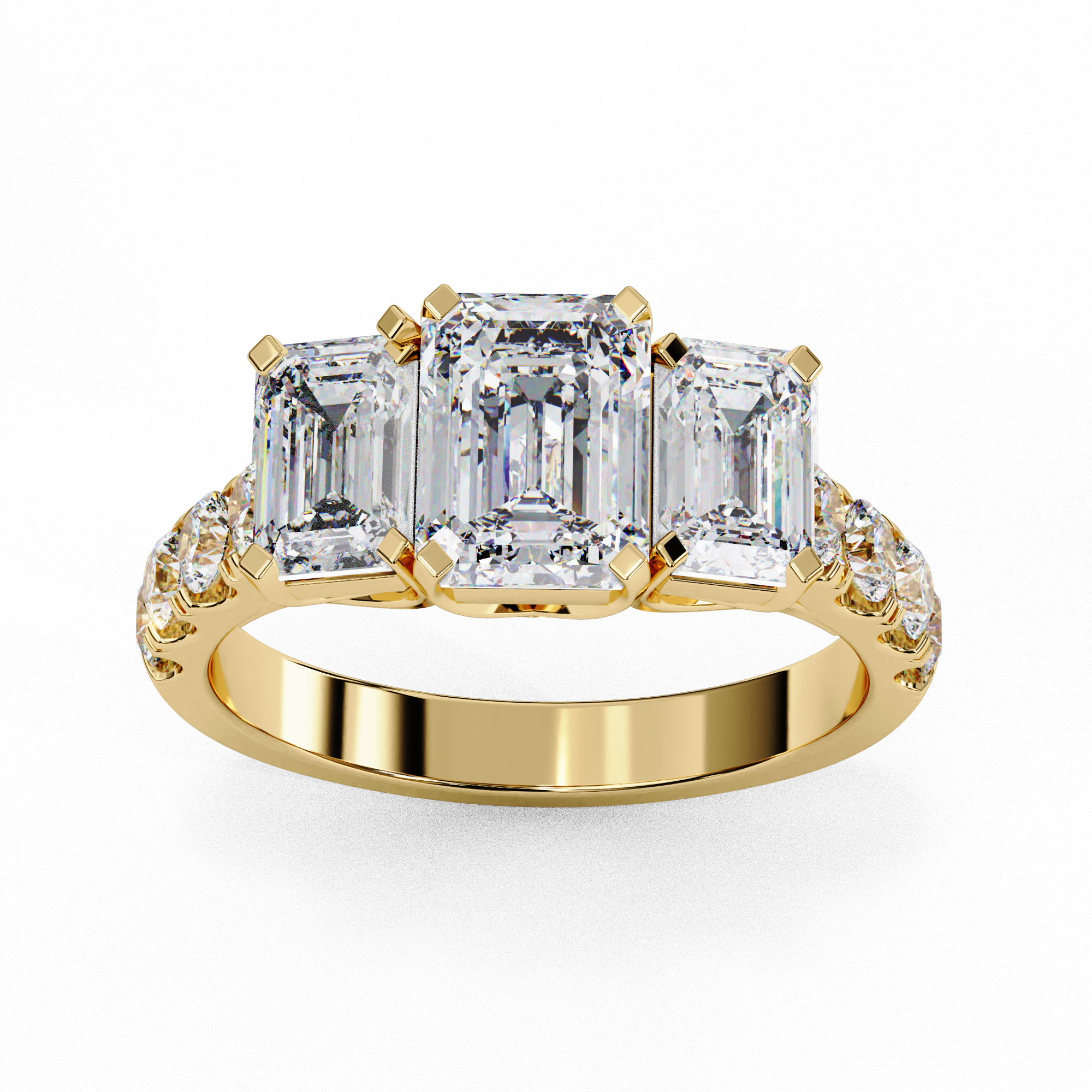 ring showcases a substantial Emerald-cut solitaire flanked by two perfectly matched emerald-cut side stones