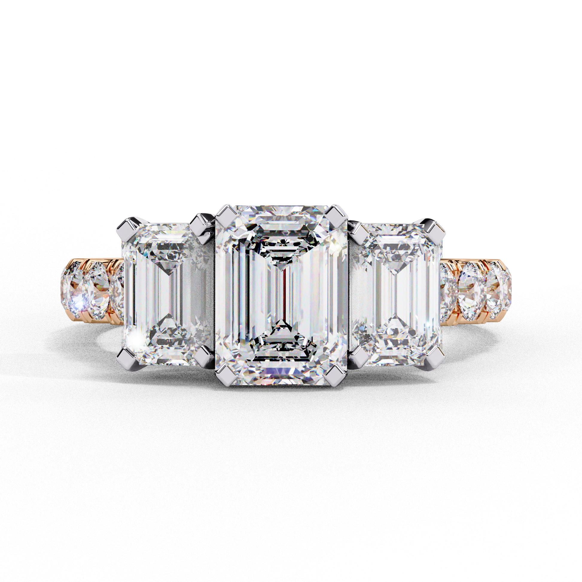 ring showcases a substantial Emerald-cut solitaire flanked by two perfectly matched emerald-cut side stones