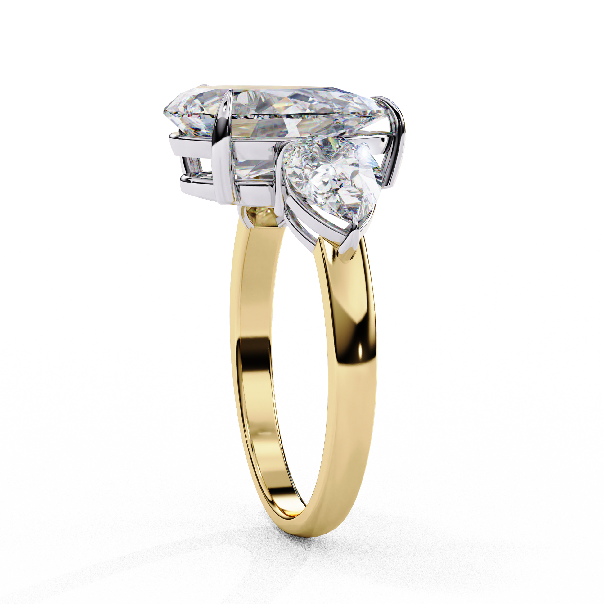trilogy ring showcases a substantial Pear centre flanked by two perfectly matched pear-shaped side stones