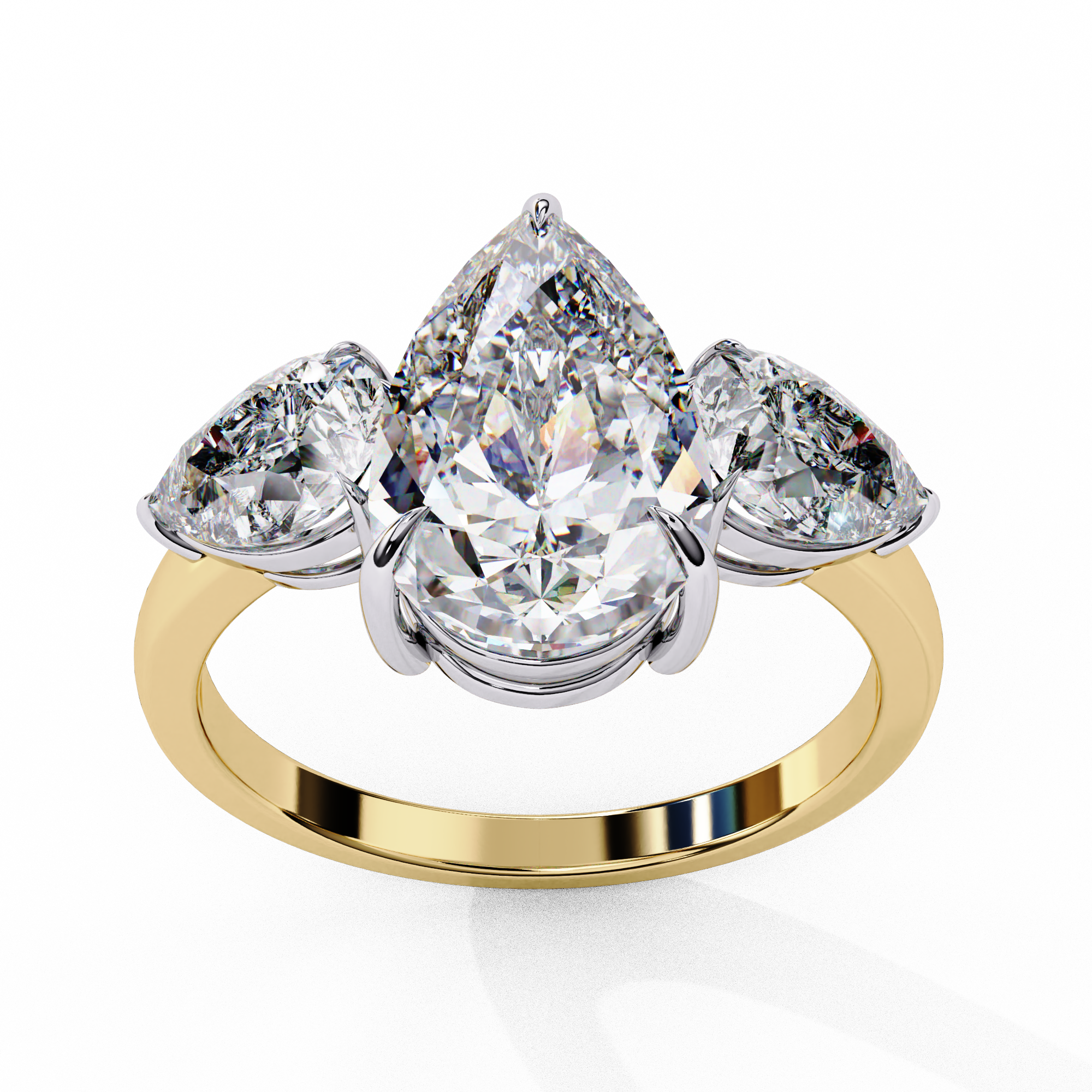 trilogy ring showcases a substantial Pear centre flanked by two perfectly matched pear-shaped side stones