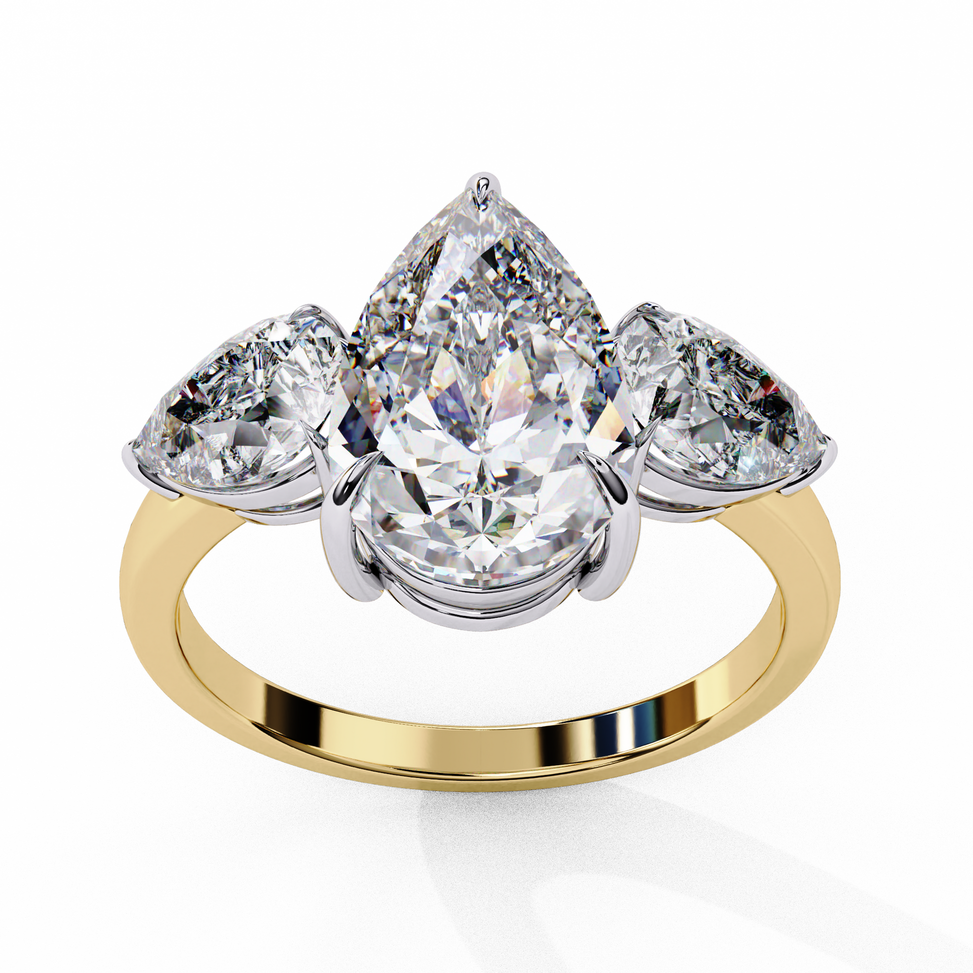 trilogy ring showcases a substantial Pear centre flanked by two perfectly matched pear-shaped side stones