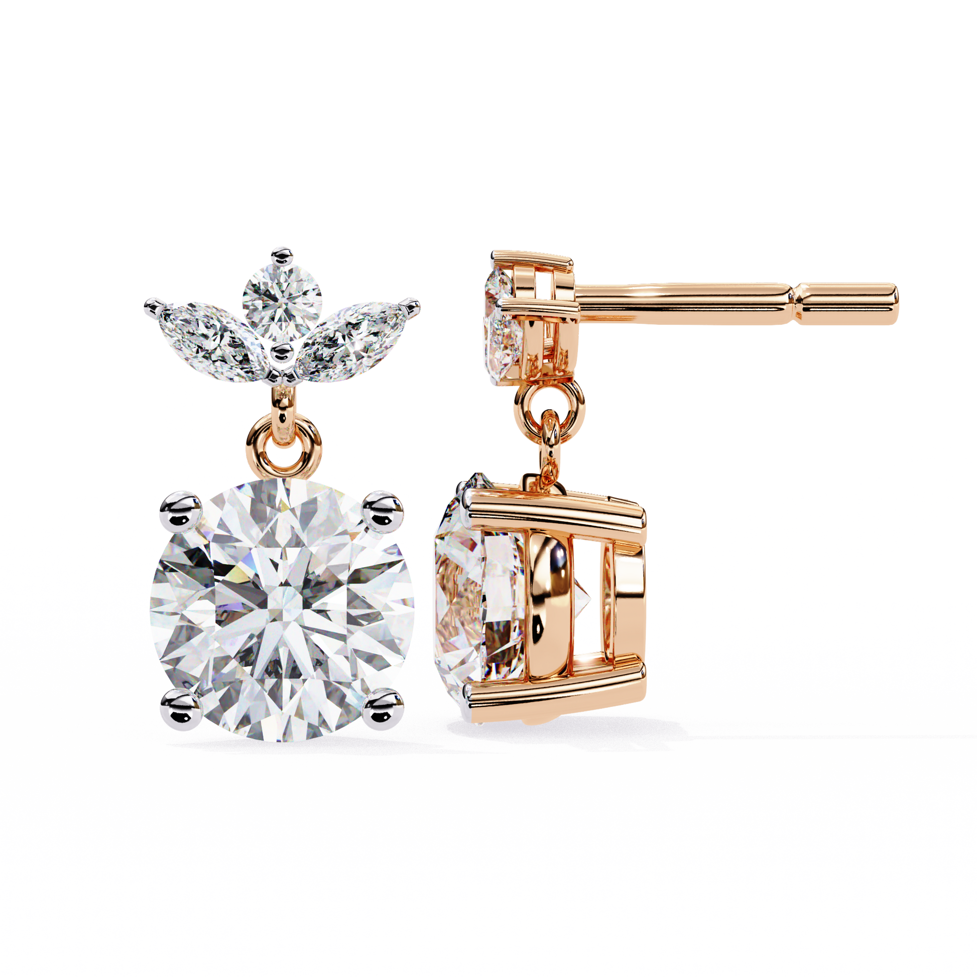 Rose gold diamond earrings on a white background