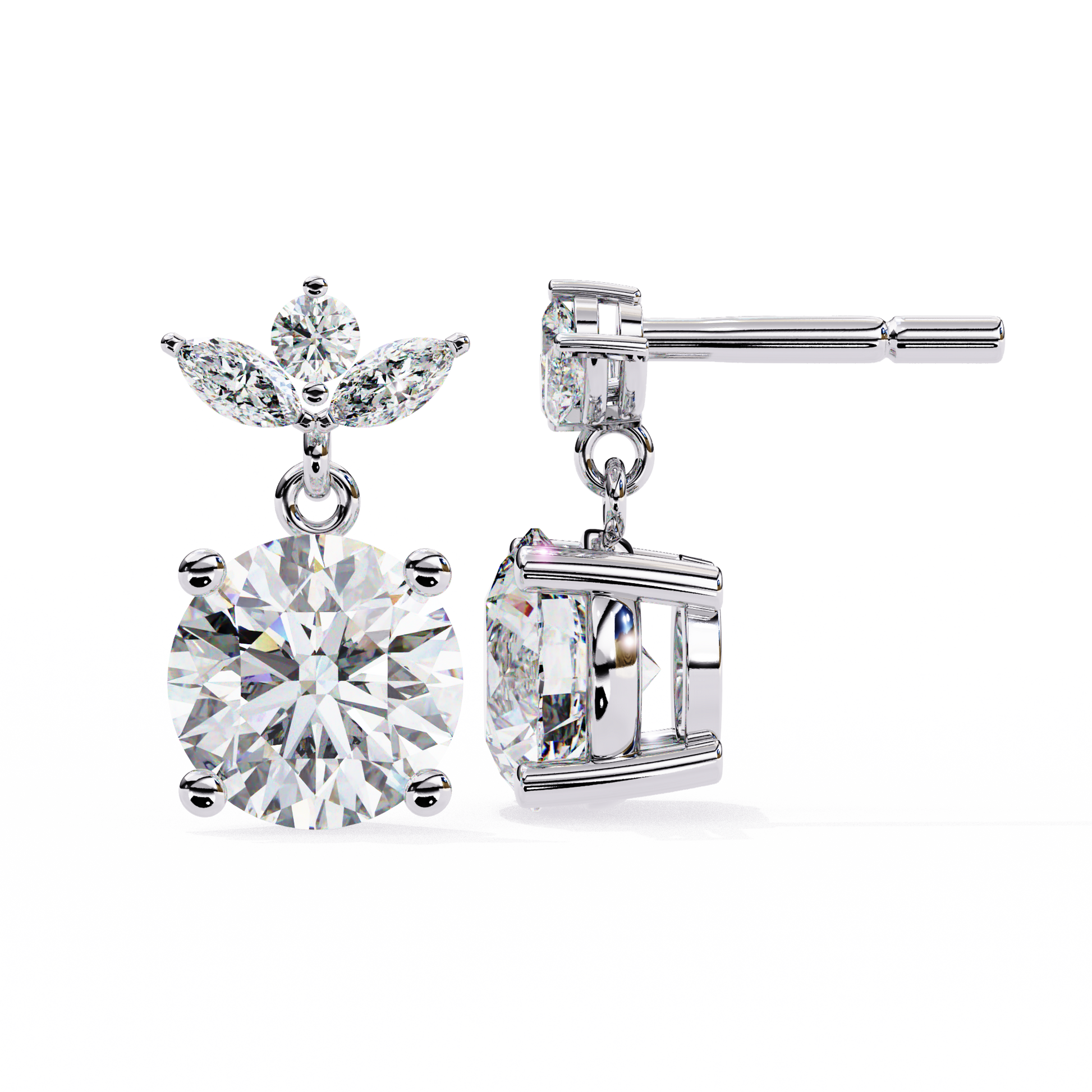 Pair of diamond earrings on a white background