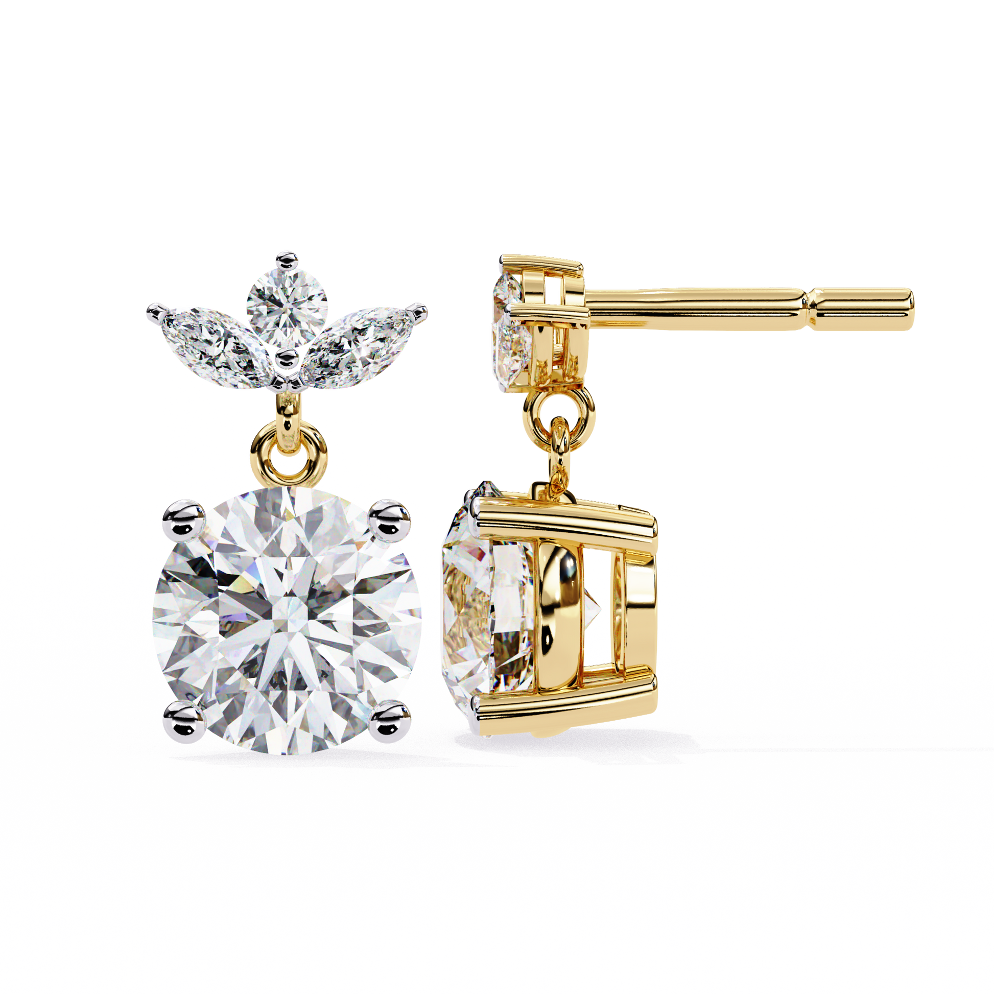 Pair of diamond earrings on a white background