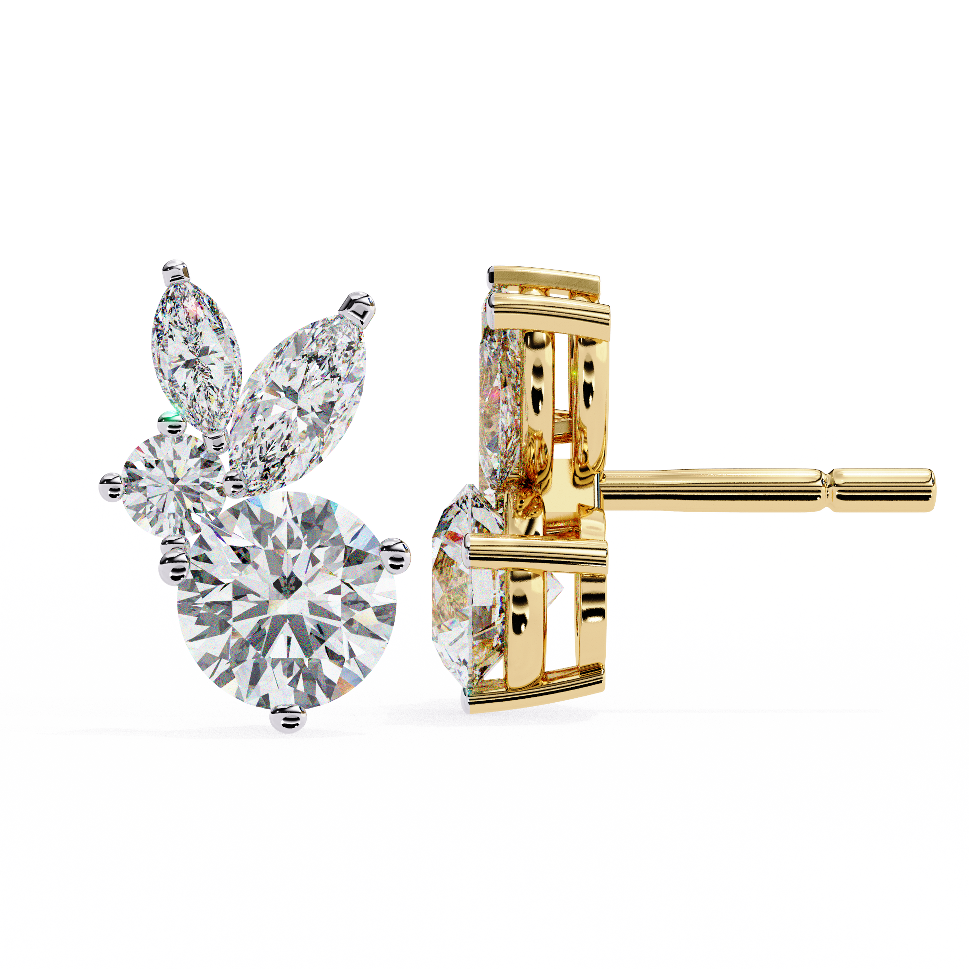 Gold and diamond earrings on a white background