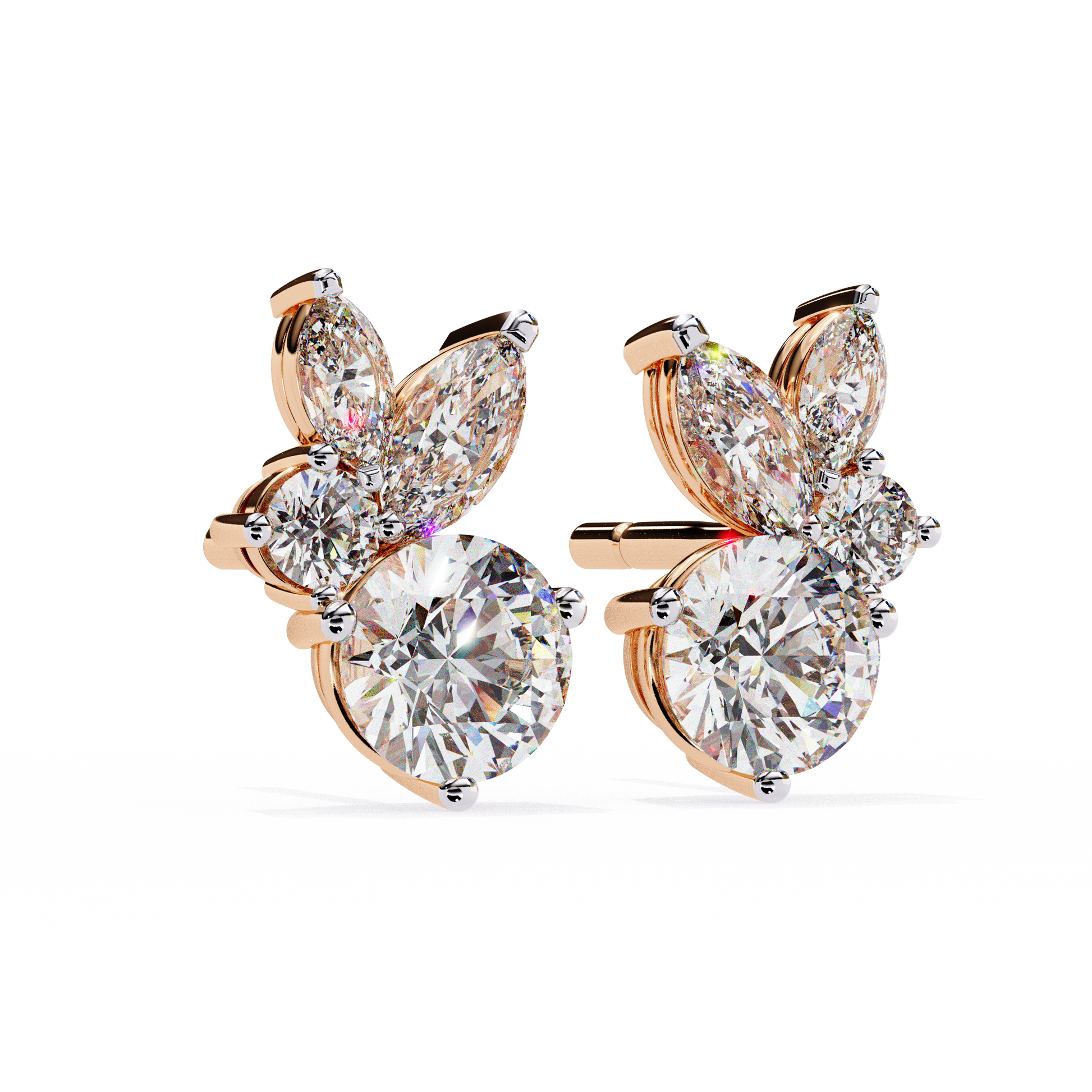 Rose gold butterfly-shaped earrings with large diamonds on a white background