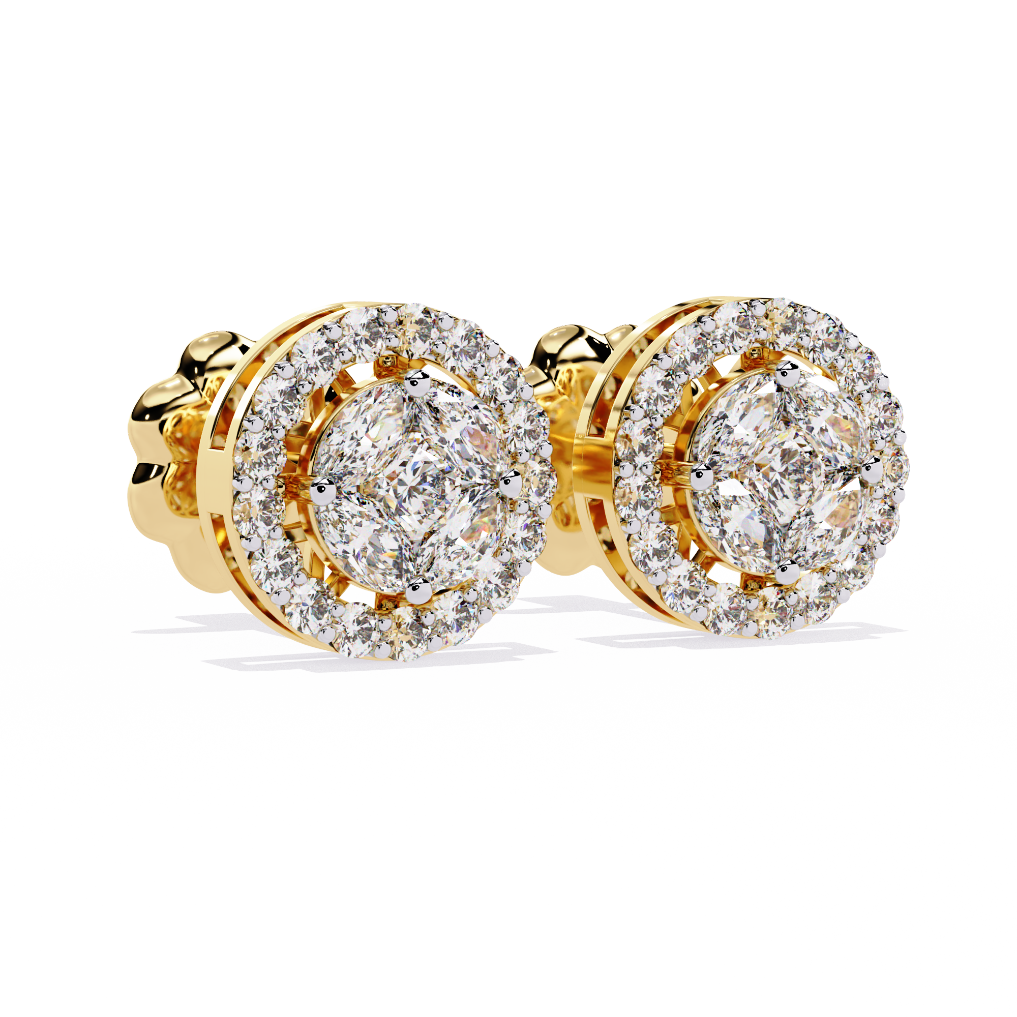 Pair of diamond earrings with gold accents on a white background
