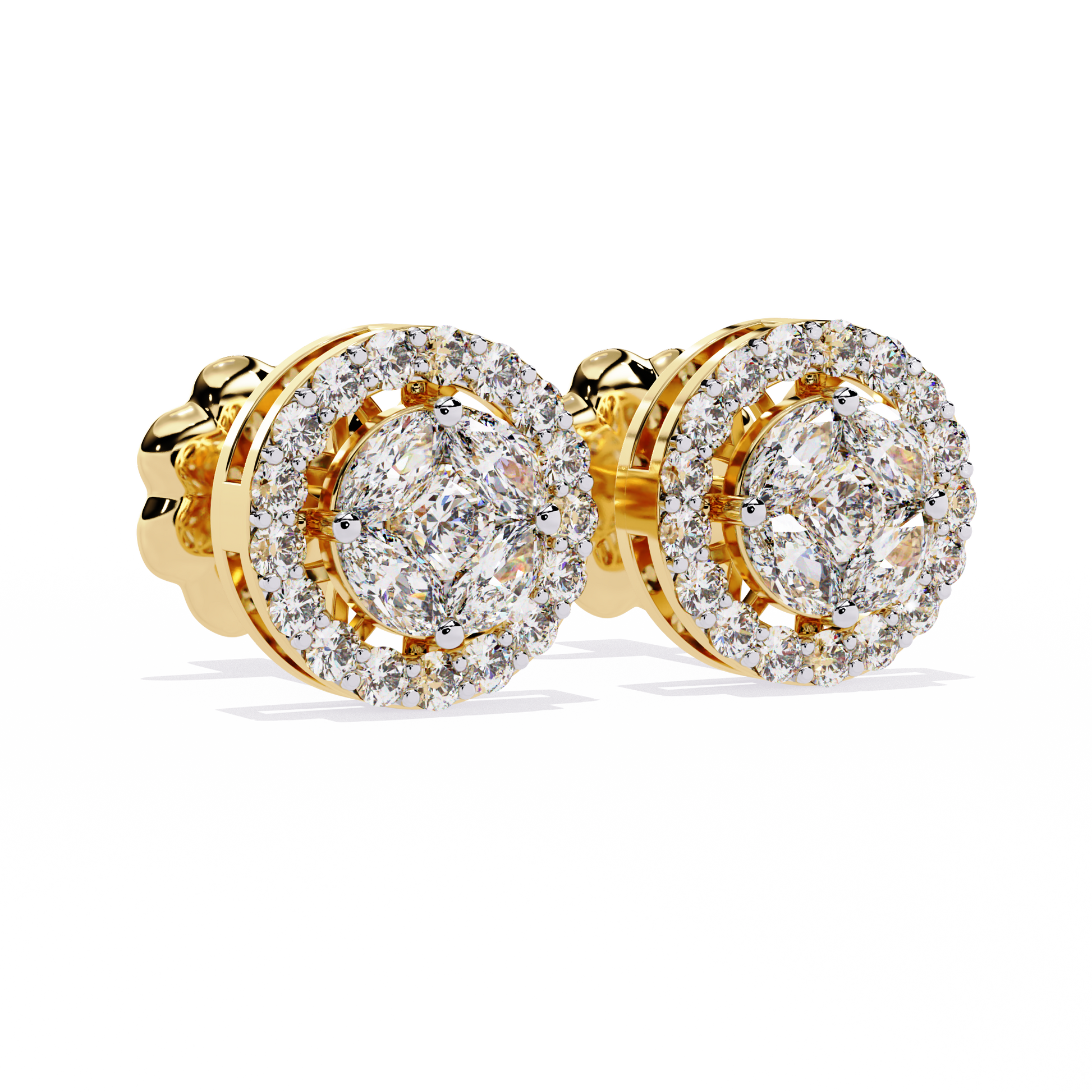 Pair of diamond earrings with gold accents on a white background