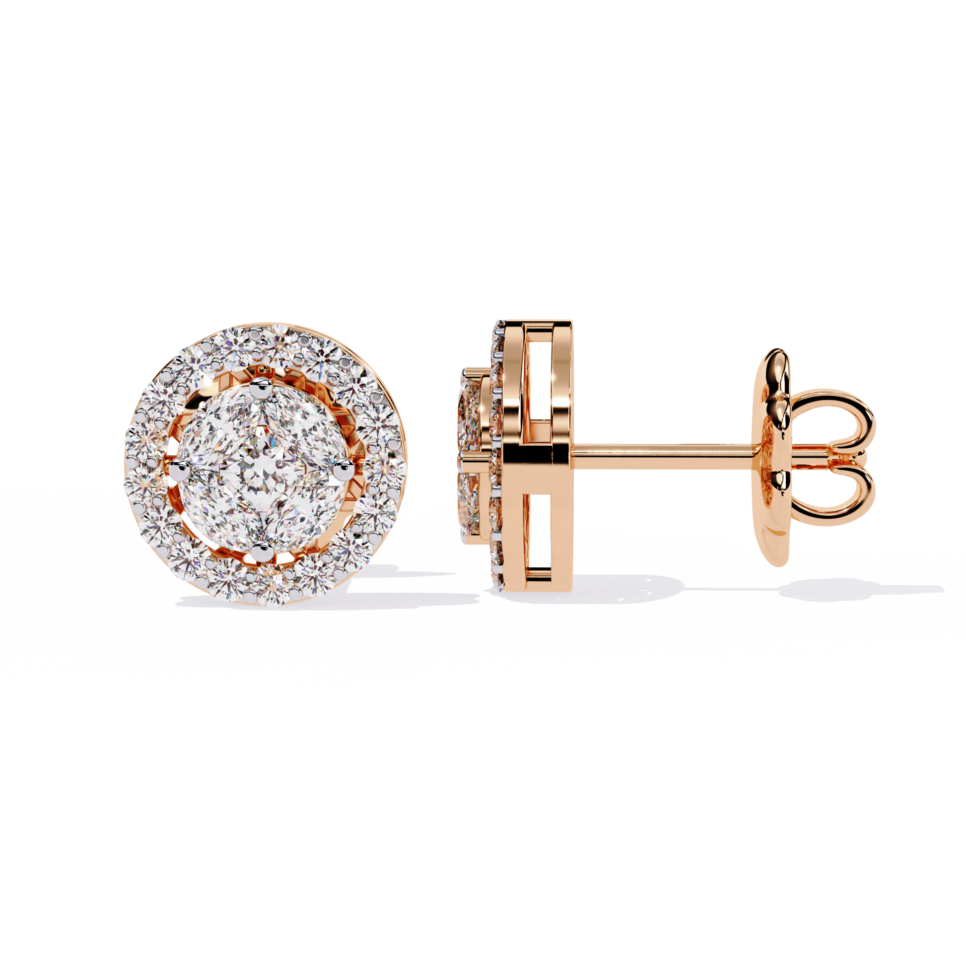 Rose gold earrings with diamond accents on a white background