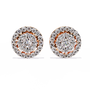 Pair of diamond earrings with rose gold accents on a white background