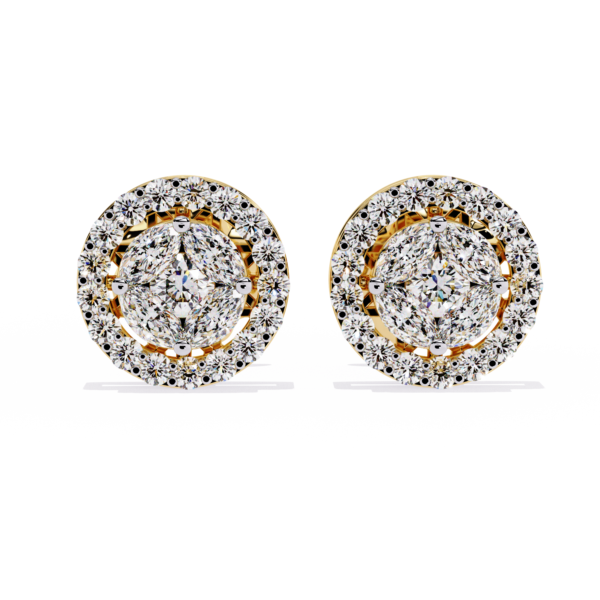 Pair of diamond earrings with gold accents on a white background