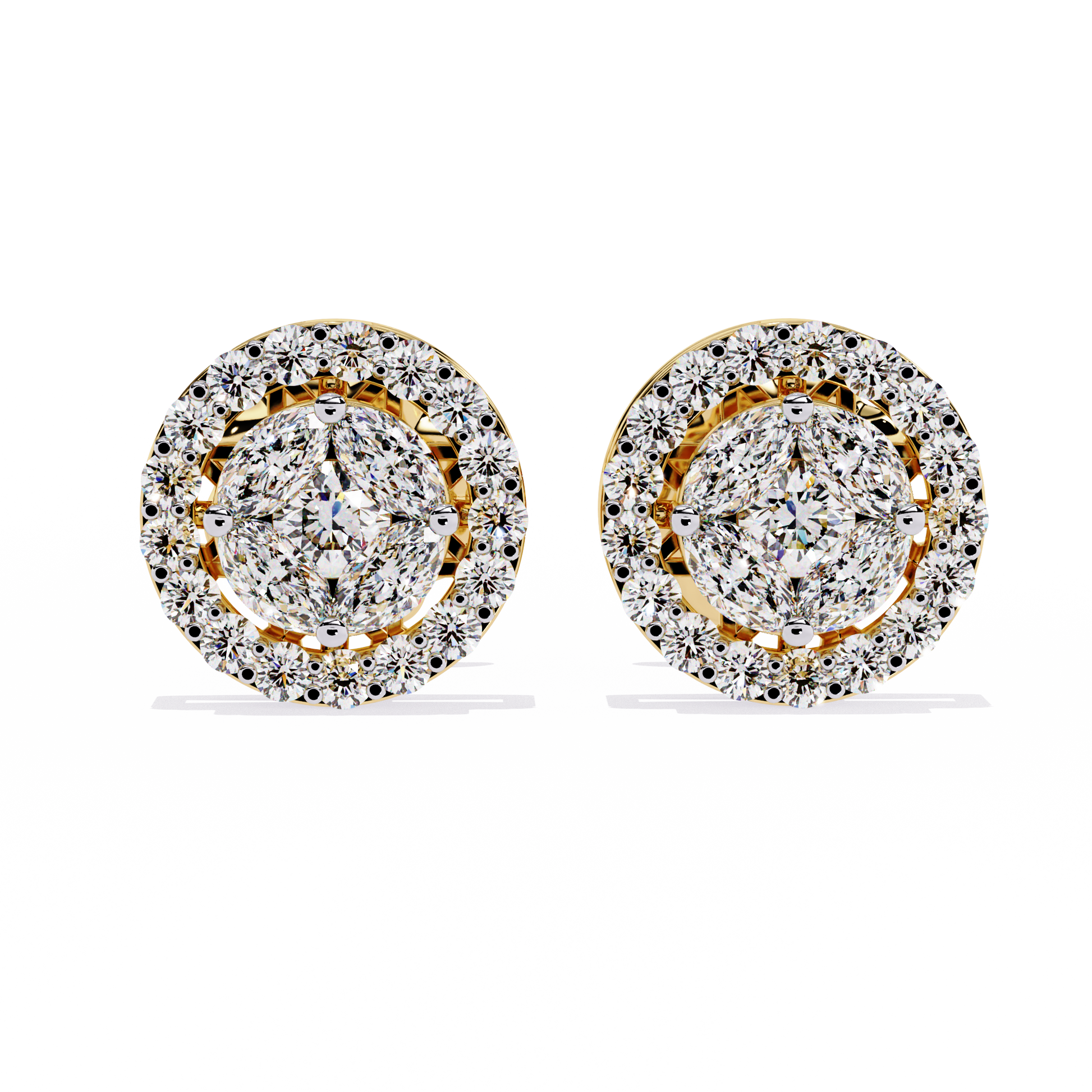 Pair of diamond earrings with gold accents on a white background