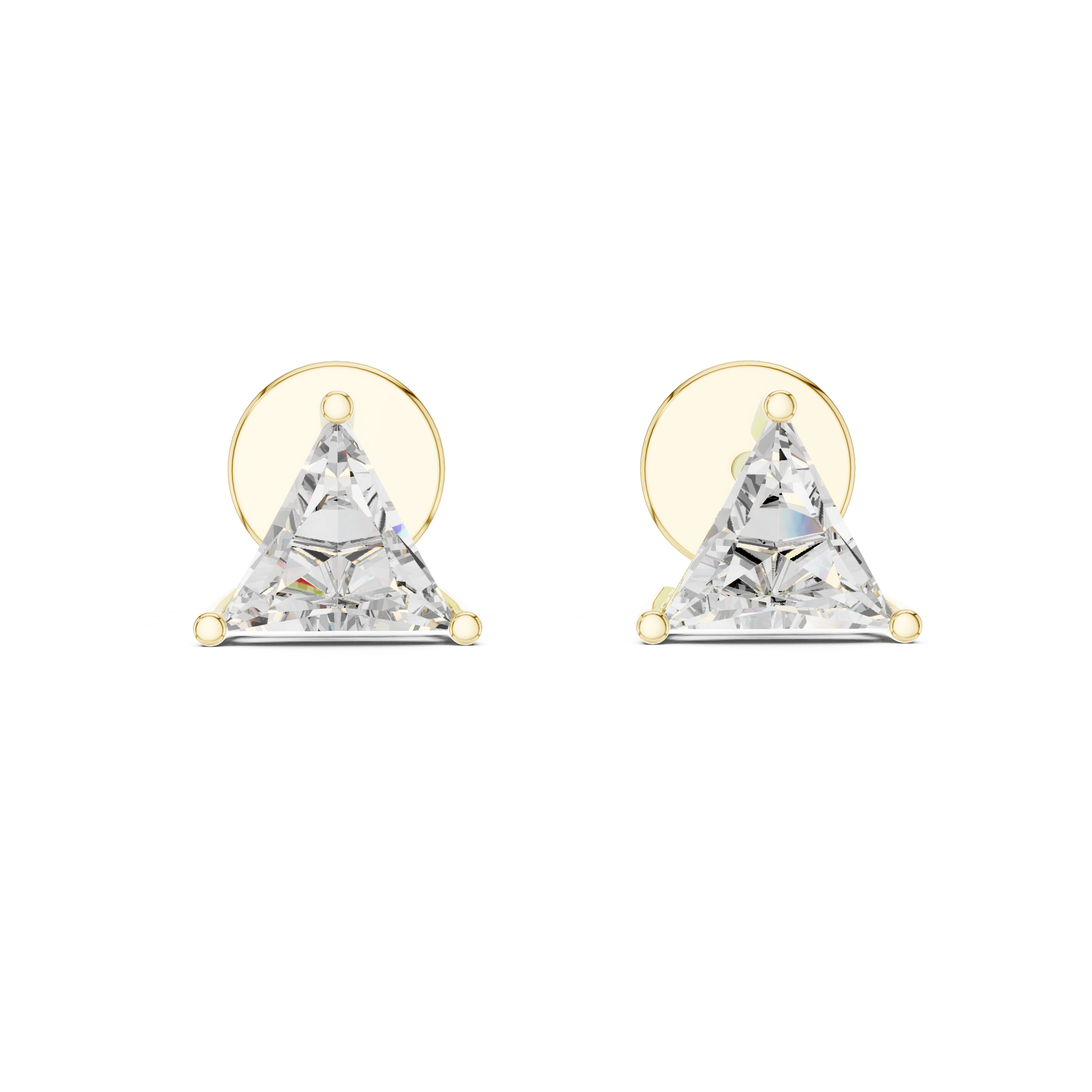 Pair of triangle-shaped diamond earrings with gold posts on a white background