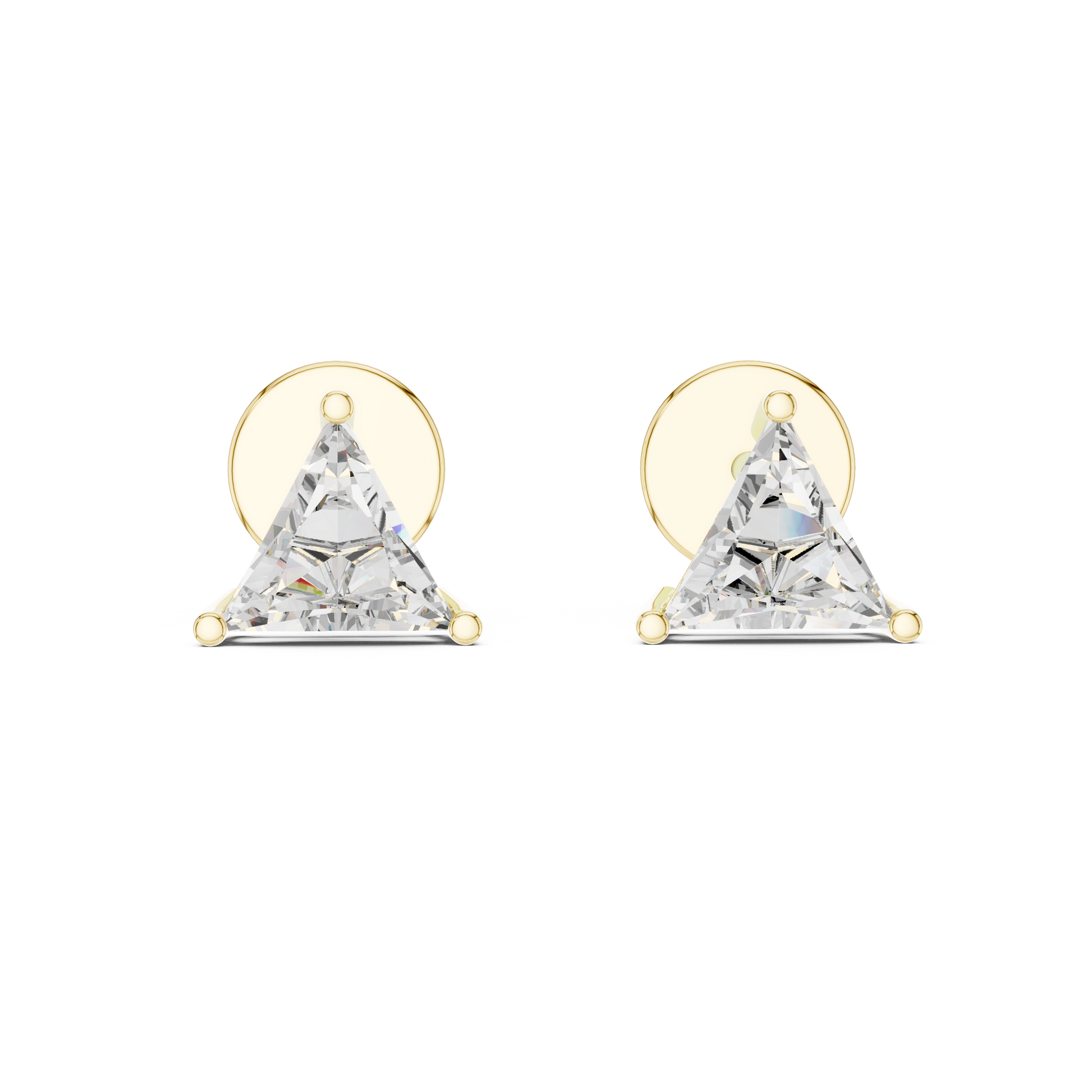 Pair of triangle-shaped diamond earrings with gold posts on a white background