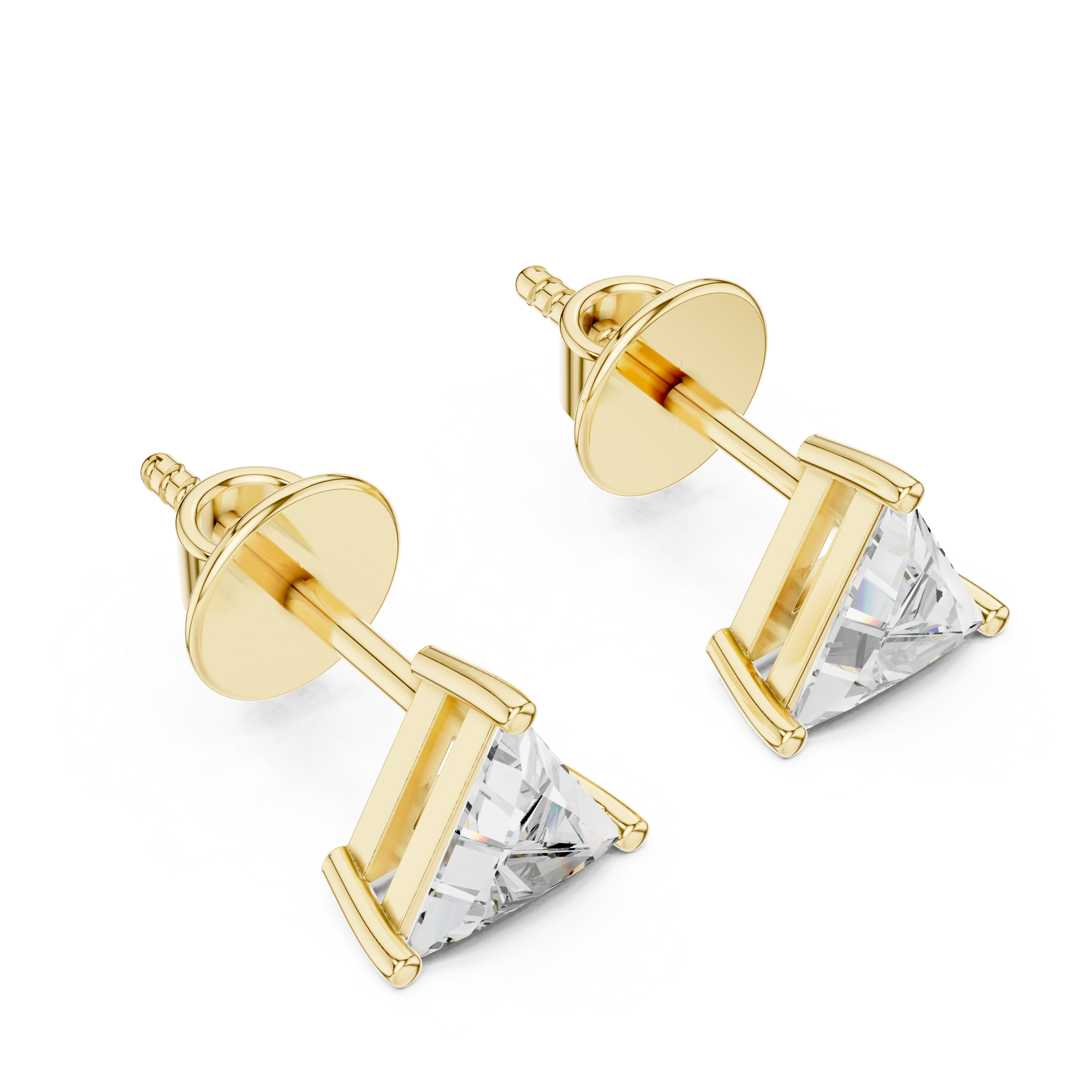 Pair of triangle-shaped diamond earrings with gold posts on a white background
