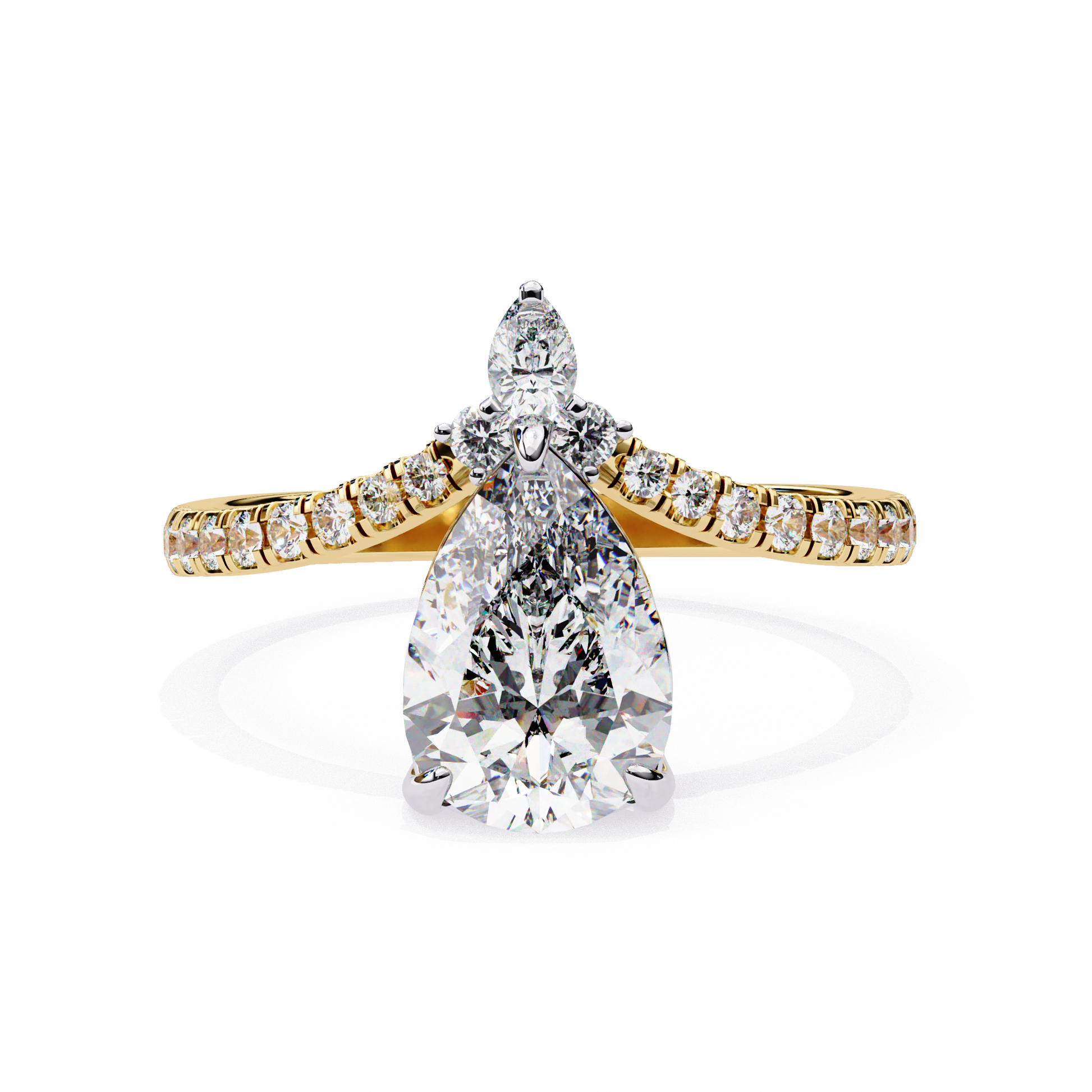 features a Pear-shaped diamond centre set atop a modern V-contoured band, which terminates in a delicate accent pear diamond tail