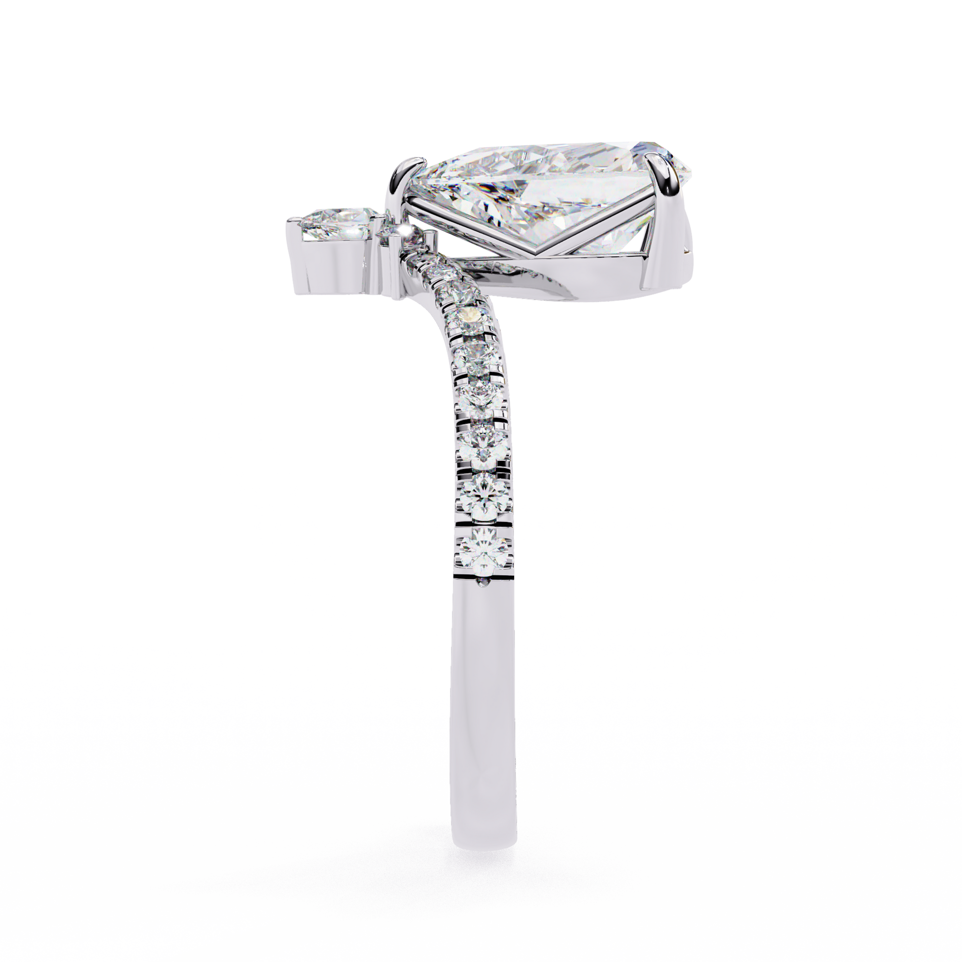 features a Pear-shaped diamond centre set atop a modern V-contoured band, which terminates in a delicate accent pear diamond tail