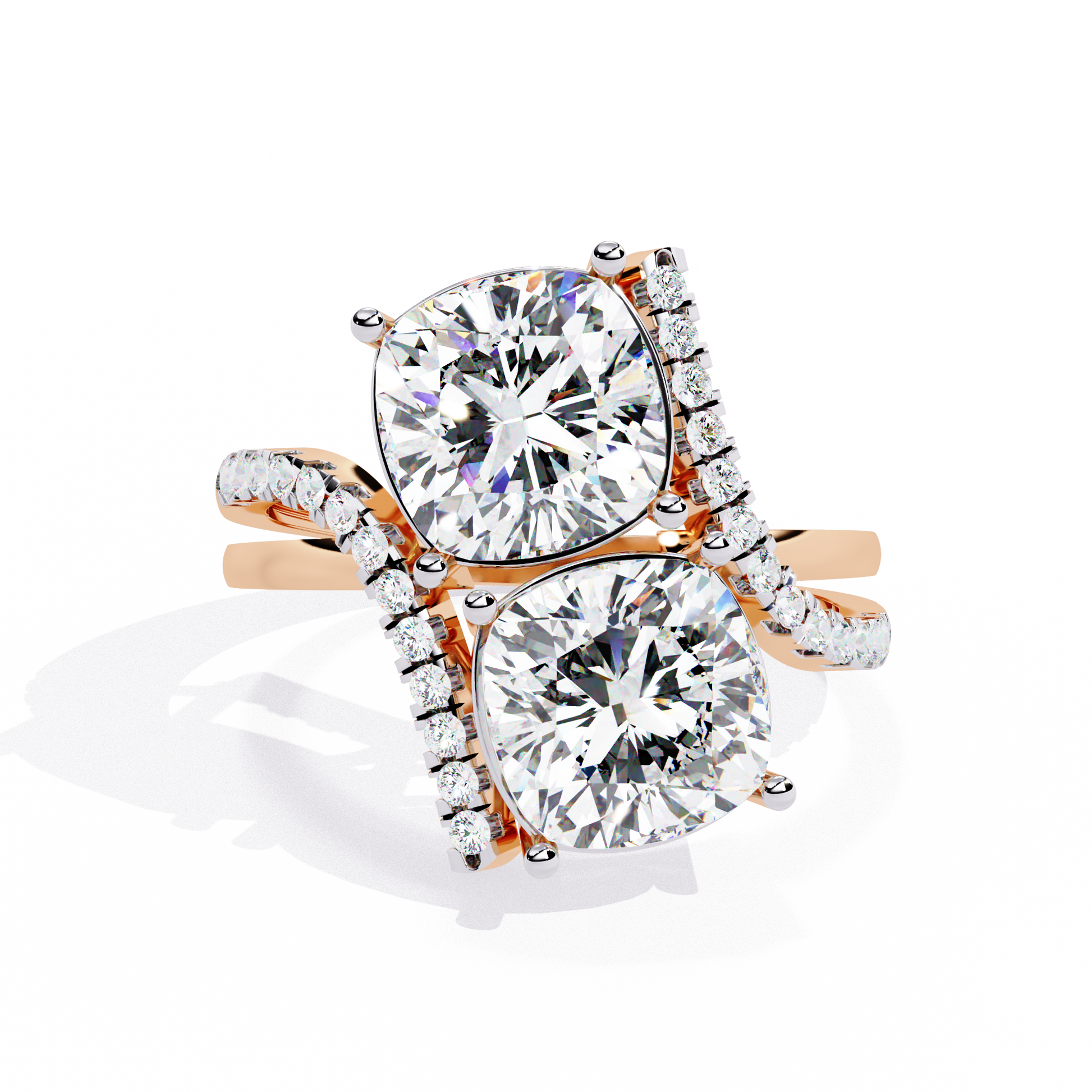 ring features two massive Cushion-cut diamonds set in a dramatic vertical orientation