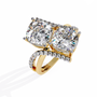 ring features two massive Cushion-cut diamonds set in a dramatic vertical orientation