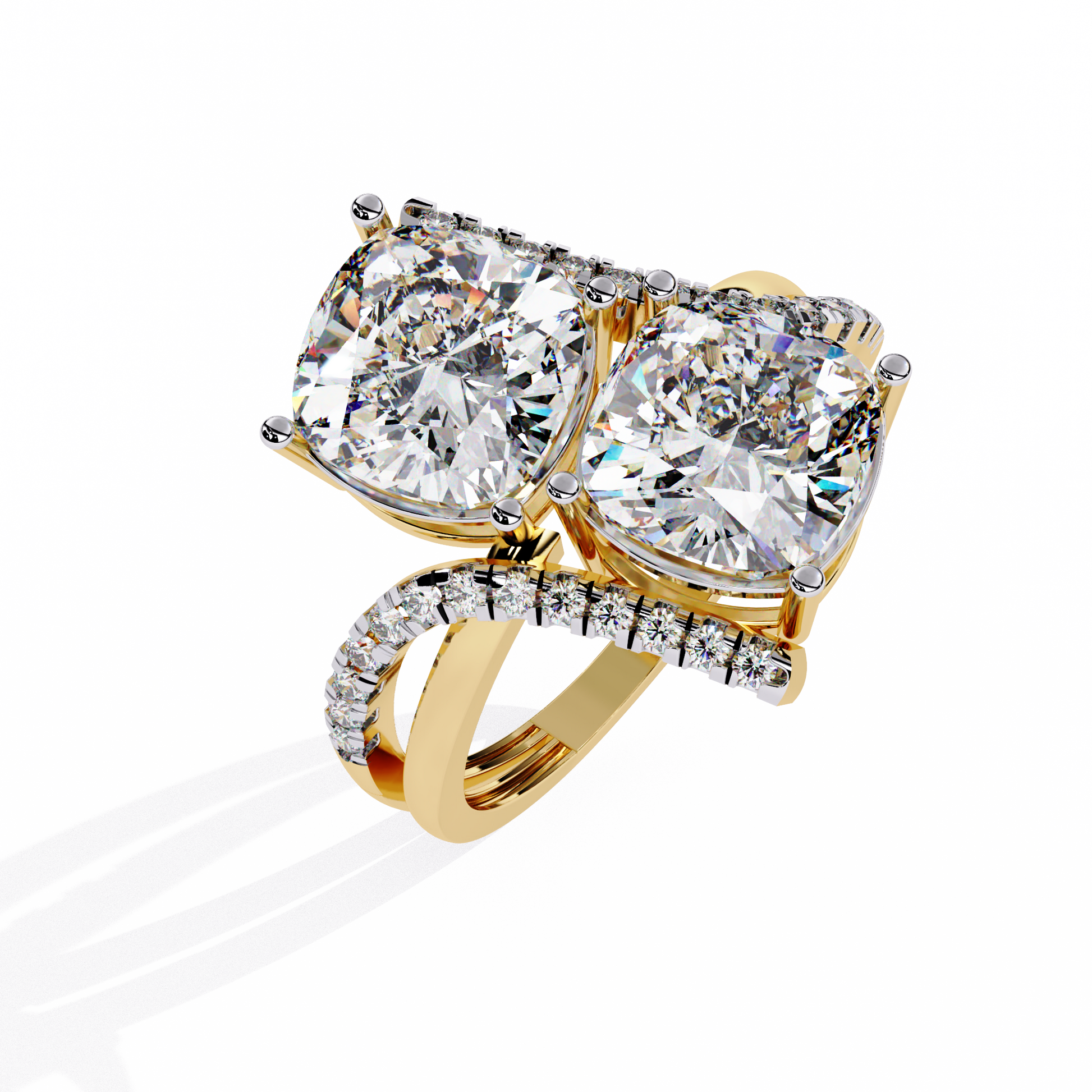 ring features two massive Cushion-cut diamonds set in a dramatic vertical orientation