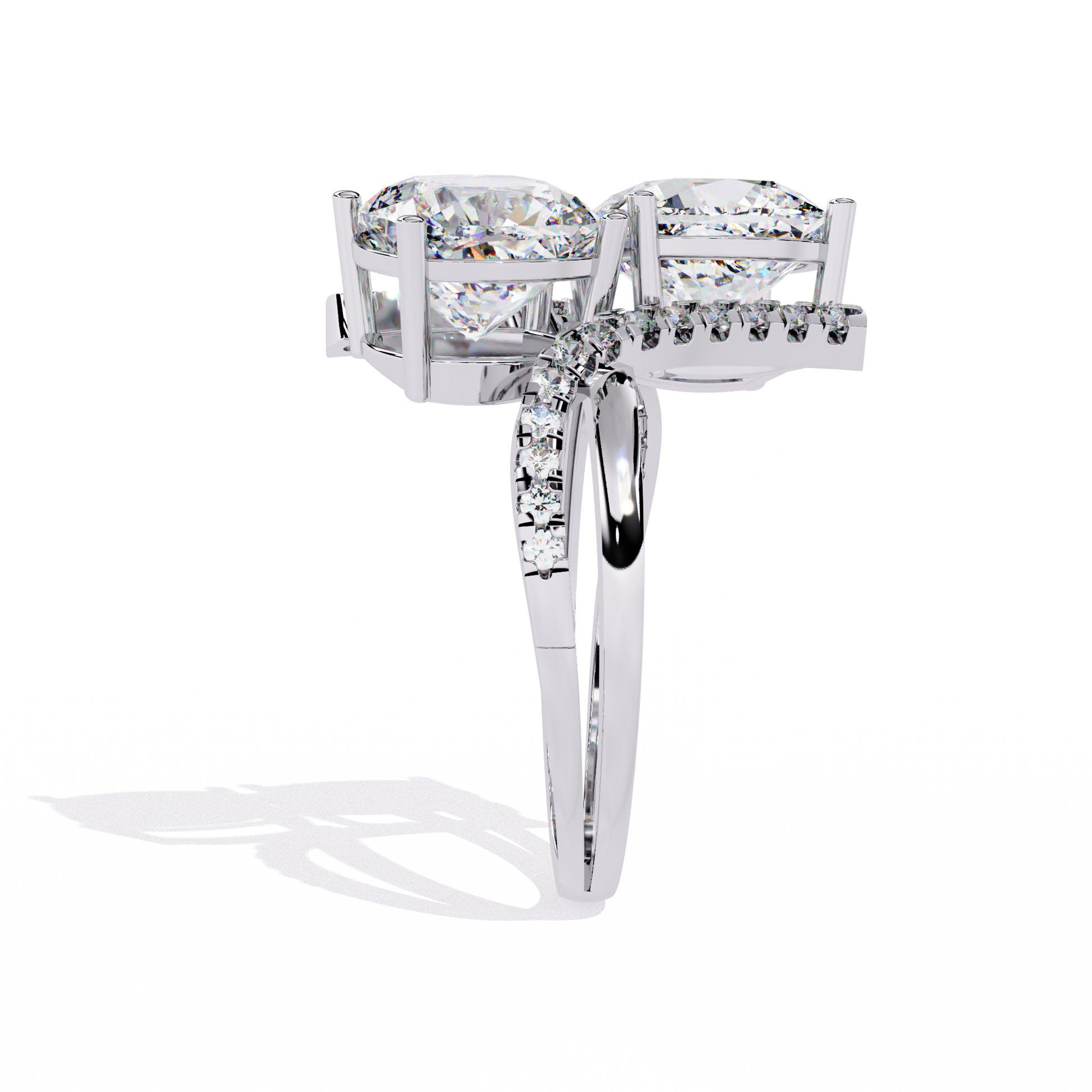 ring features two massive Cushion-cut diamonds set in a dramatic vertical orientation